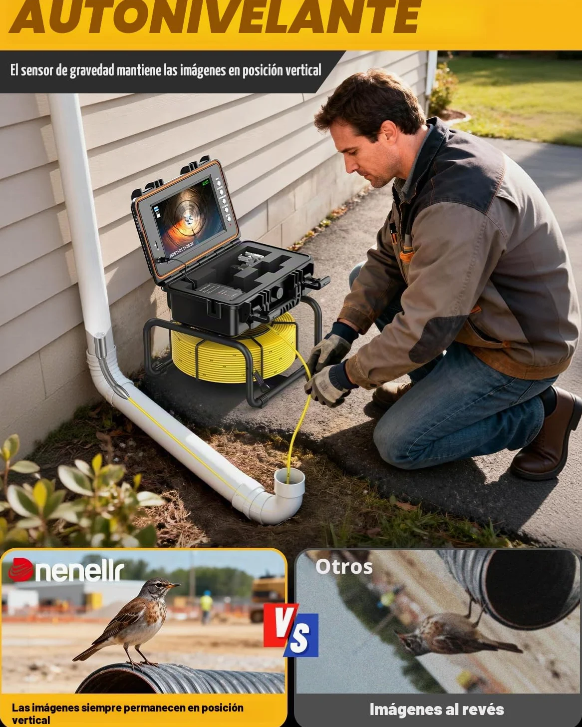 Camara Inspeccion Tuberias 30M con Sonda 512Hz | 1080P HD, Autonivelante, DVR, Cable de 7MM, Impermeable IP68, Adecuada para Alcantarillado, Tuberías, Piscinas y Desagües