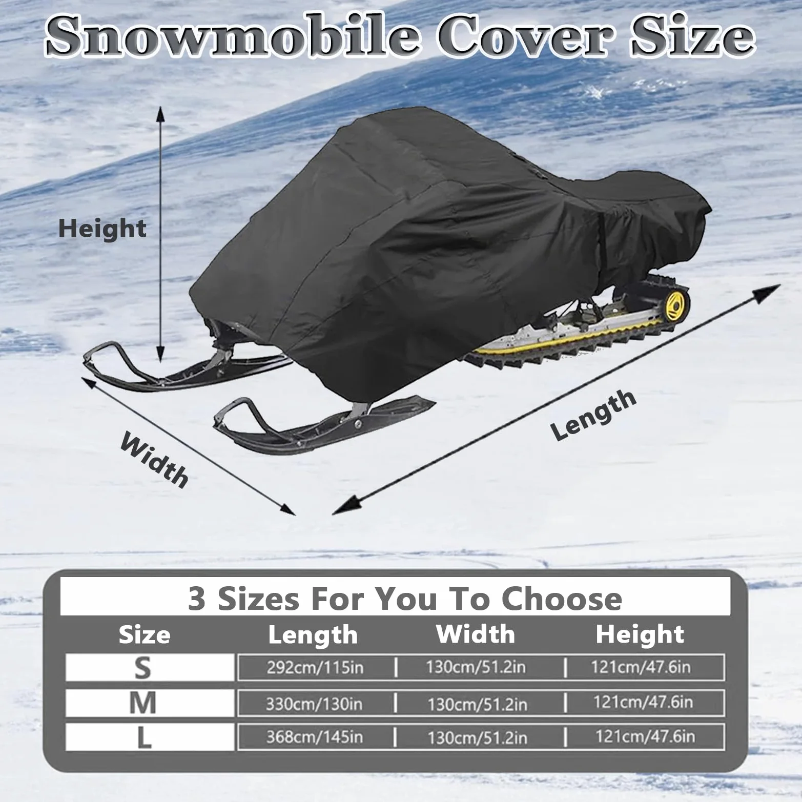 Funda Impermeable para Moto Nieve, Funda Protectora para Vehículos Trineo de Nieve de Invierno, Cubierta De Trineo para Máquina De Nieves Remolcable (Negro,368 x 130 x 121cm)