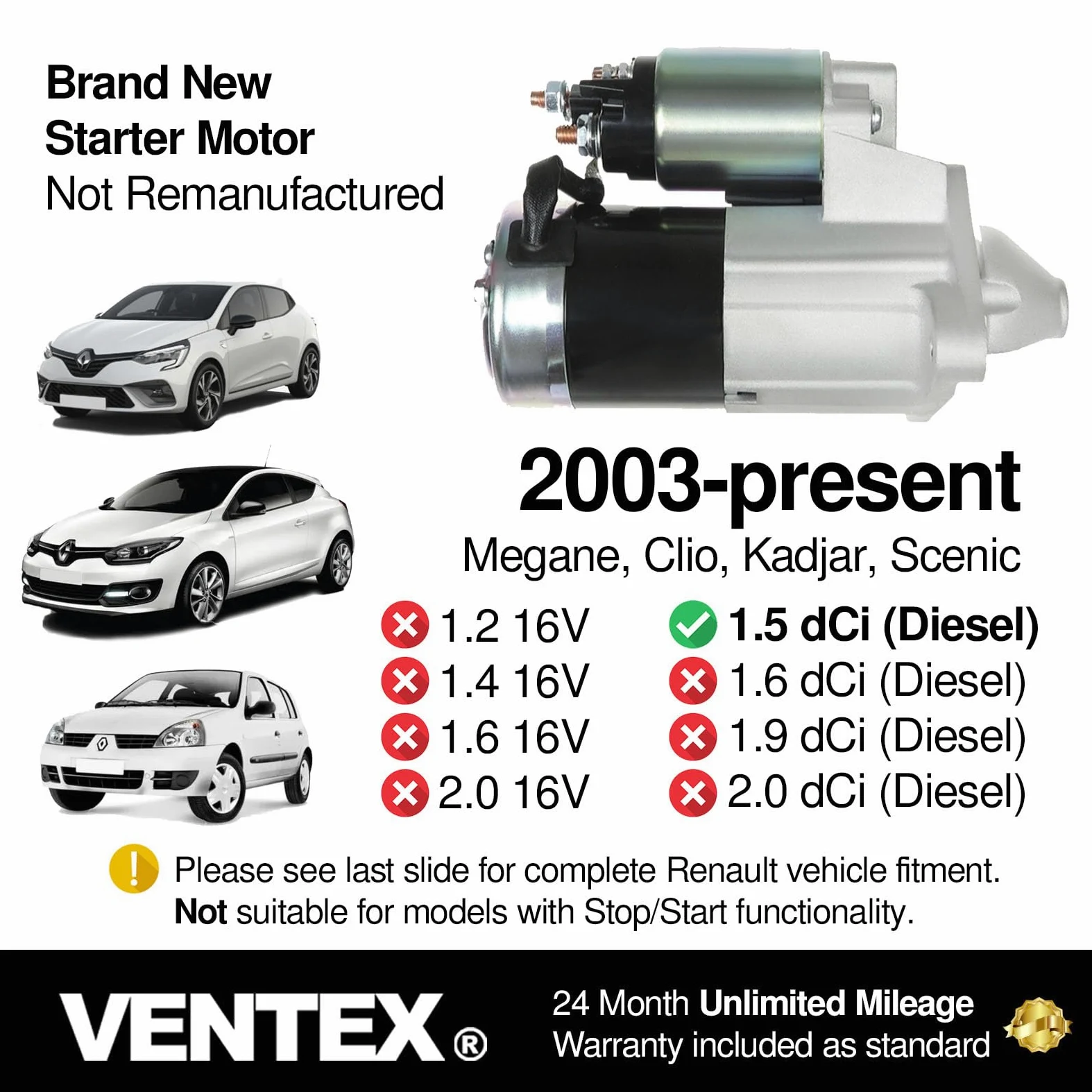 VENTEX® Motor de arranque VSM8210 compatible con Renault Clio Megane 1.5 dCi Diesel Kadjar 2003-2024 Nissan Qashqai Juke Note 1.5 dCi 2007-2013