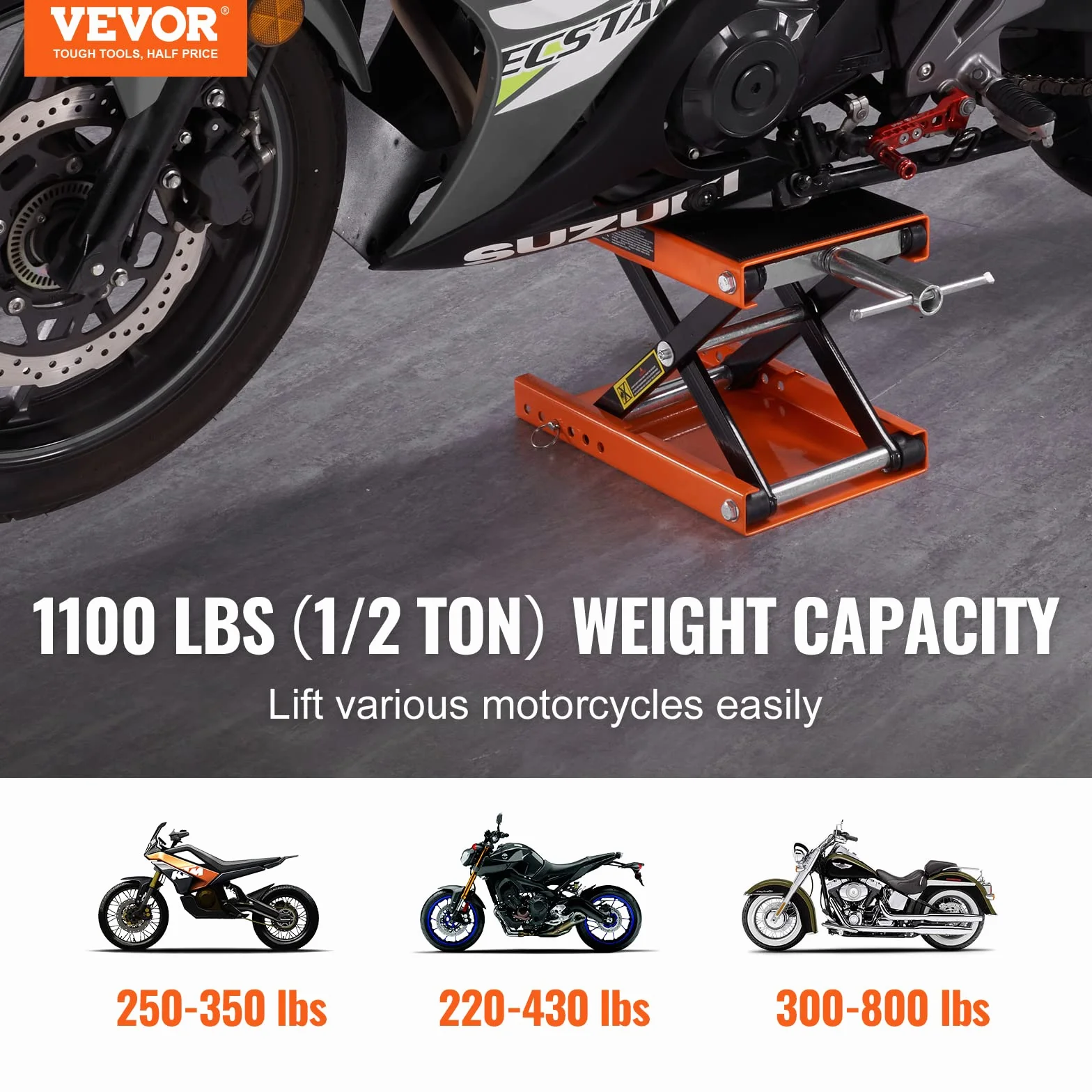VEVOR Gato de Tijera para Moto Capacidad de 500kg Elevador de Motocicletas Altura de Elevación 9,5-35cm Elevador de Tijera de Acero Plataforma Antideslizante de 36,5x22 cm para Taller de Mantenimiento