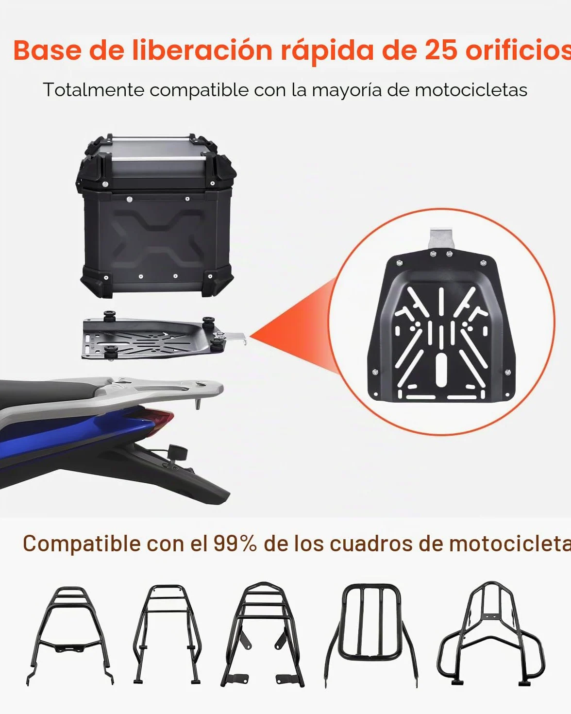 VEVOR Baúl para Motocicleta, Baúl Trasero Universal de Aleación de Aluminio con Forro de Cuero, 55 L, con Cerradura y Cojín Trasero, Apto para el 99% de los Cuadros de Motocicleta, 470 x 430 x 367 mm