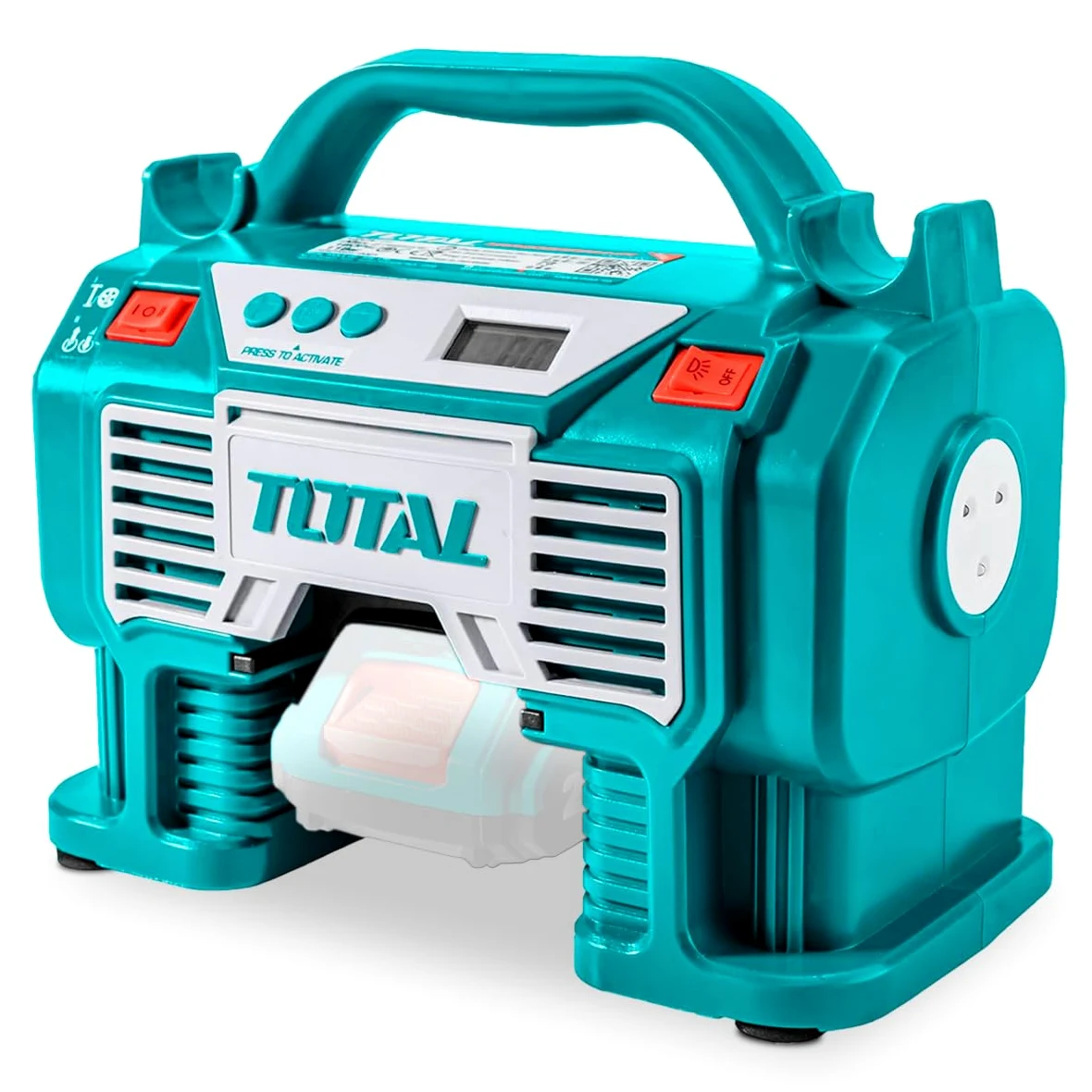 TOTAL - Compresor Híbrido a Batería P20S de 20 V - Bomba de Aire Eléctrica para Inflar Balones, Colchones y Neumáticos - Cargador de 12 V para Coche - Incluye Adaptadores
