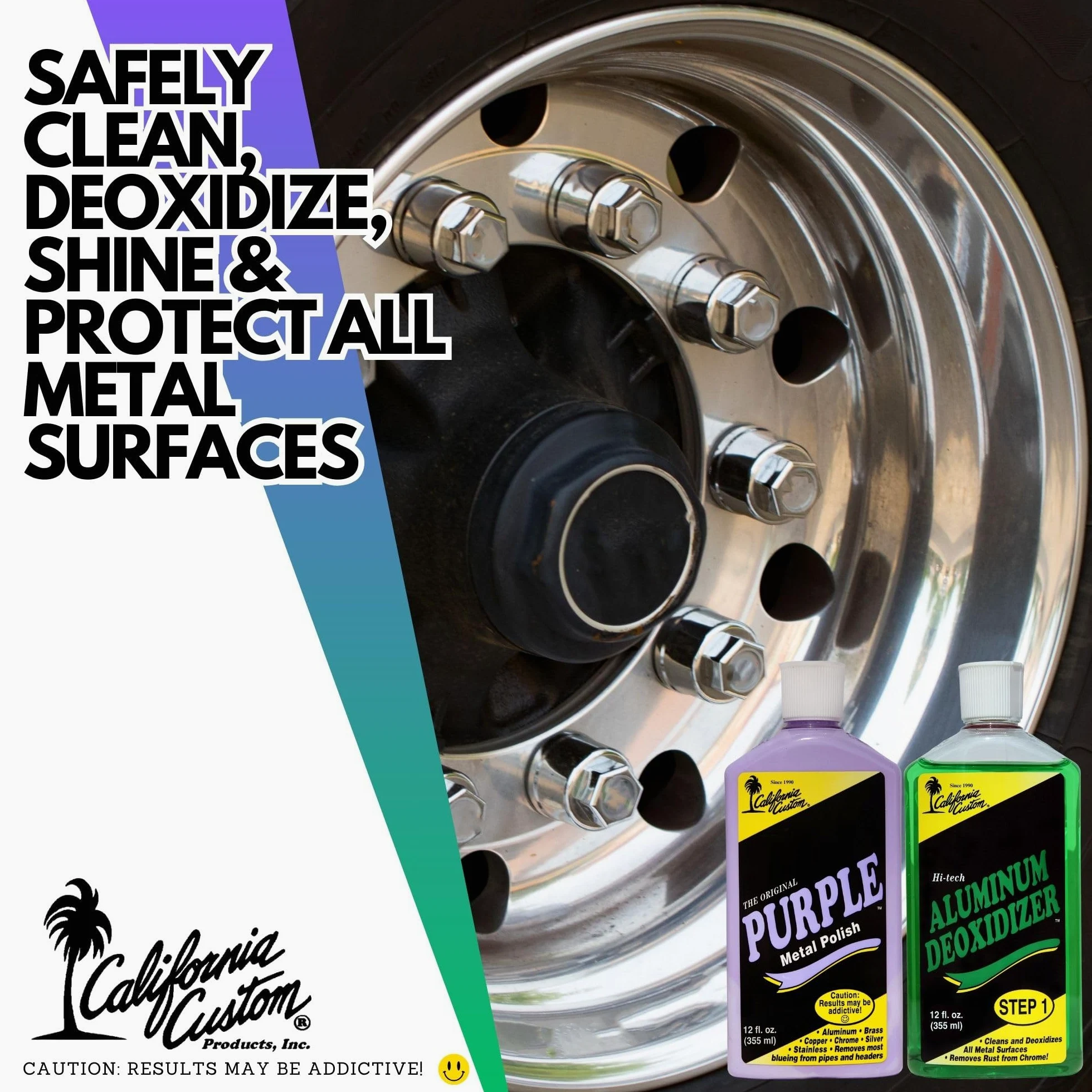 CALIFORNIA CUSTOM Productos: esmalte de metal violeta + desoxidante de aluminio, sin silicona, seguro para carrocería, ideal para aluminio, latón, cobre, cromo, plata, acero inoxidable y oro