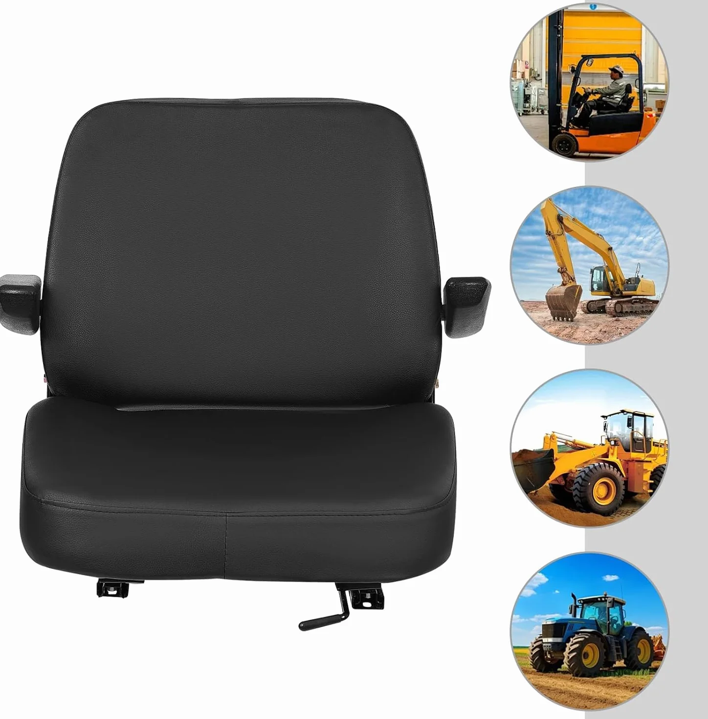 Asiento universal de repuesto, 28×23 cm Instalación de vías, Asiento de Tractor con vías, para carretilla elevadora con reposabrazos ajustables, construcción de PVC resistente, Exterior 48×46×51 cm