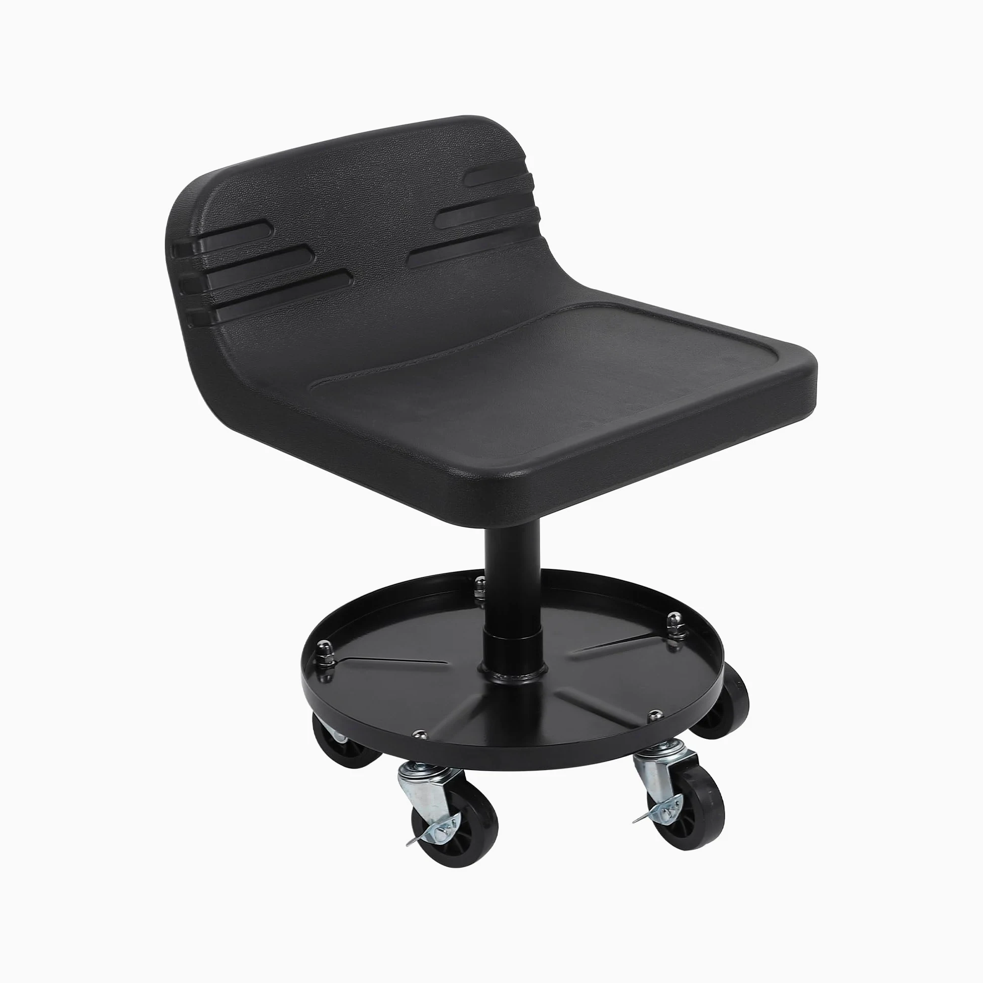 Garvee Taburete rodante, asiento mecánico resistente con ruedas, 44-57 cm, altura ajustable, con bandeja de almacenamiento de herramientas, capacidad de 136 kg, silla ergonómica acolchada con ruedas