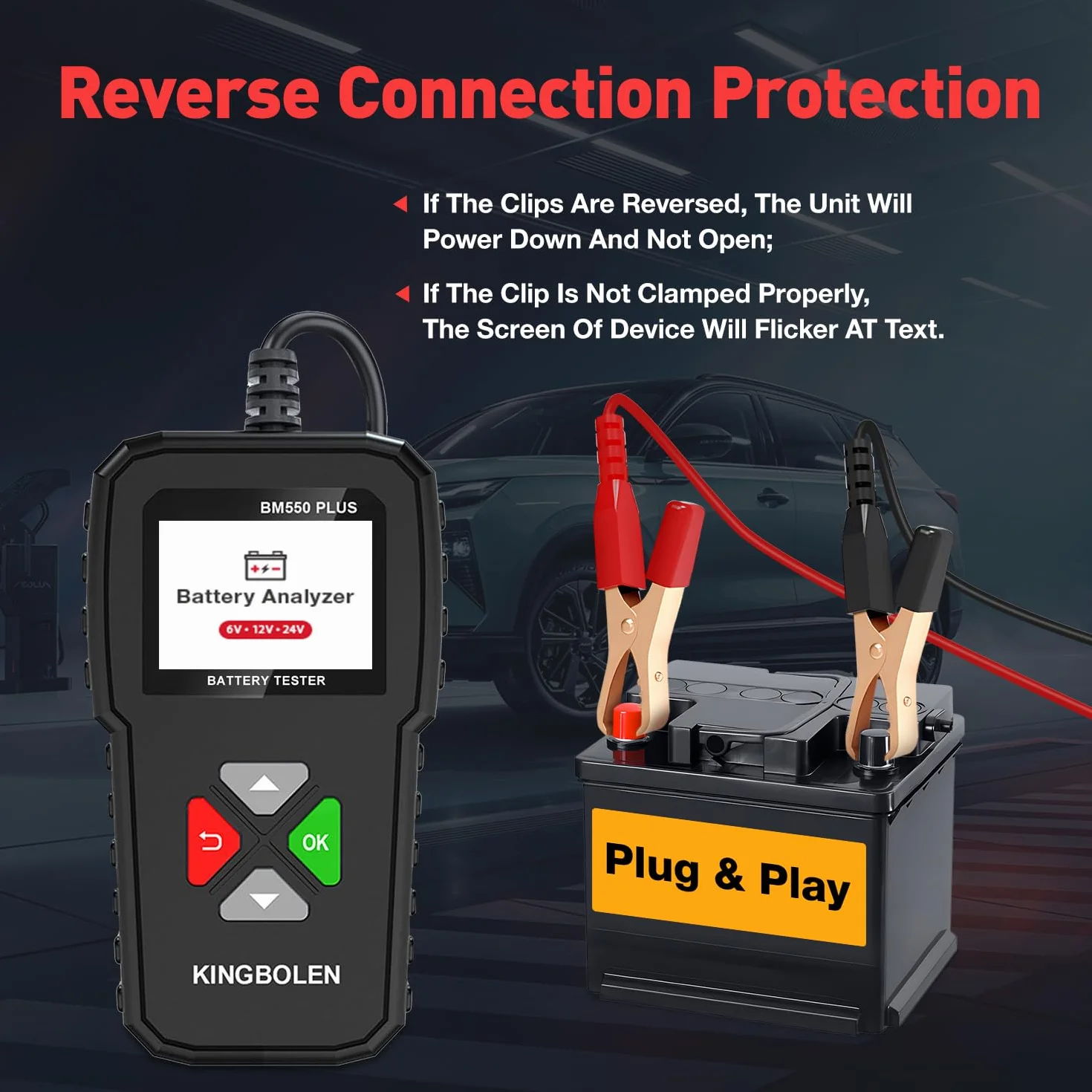 KINGBOLEN Comprobador de baterias de coche 24V/12V/6V, BM550 PLUS 2-220Ah 100-2000 CCA Pantalla LED arrancador baterias coches comprobador de pilas para coche apto para automóviles motocicleta ATV SUV