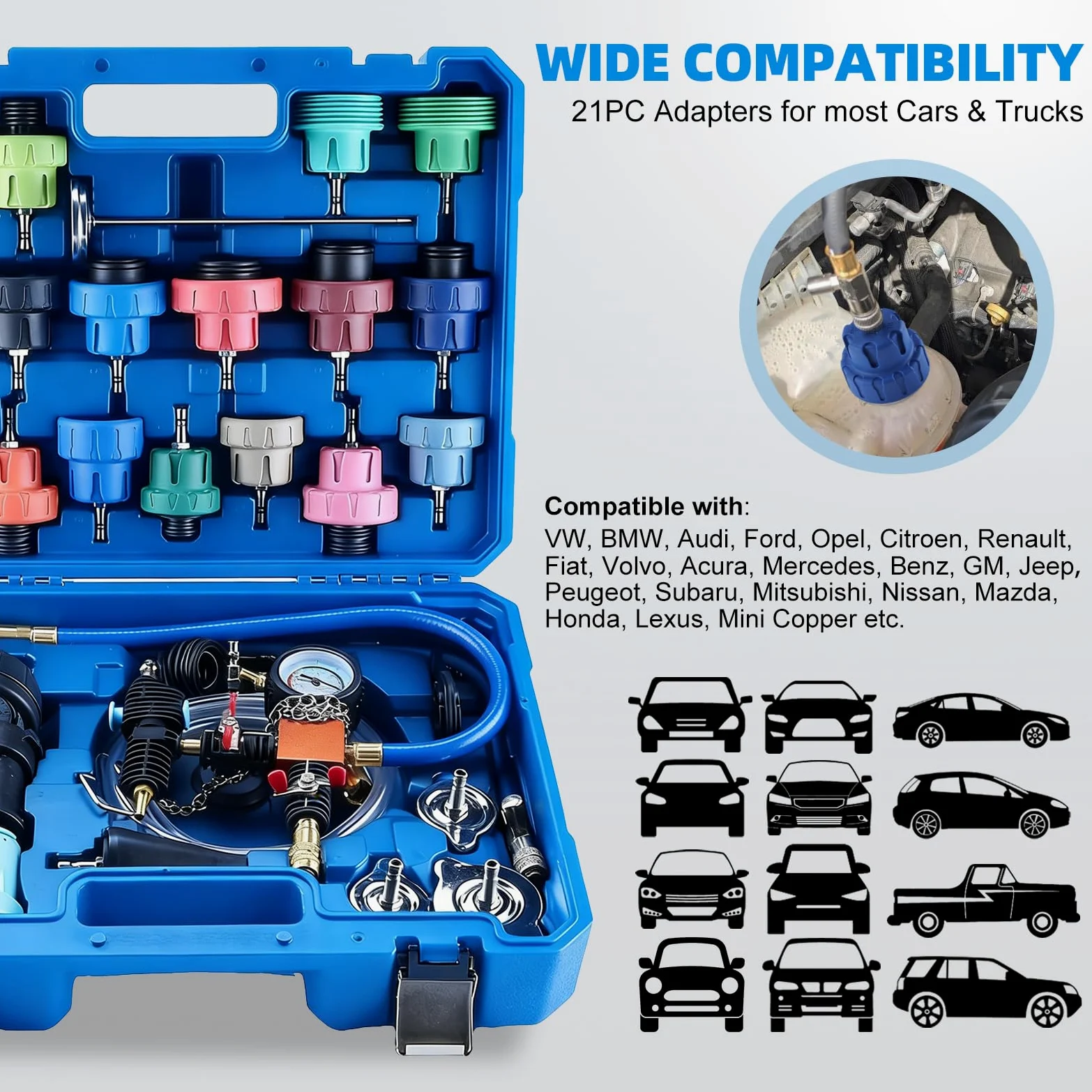 FreeTec 31pzs Probador Presion Radiador, Universal Probador Presion Circuito Refrigeración, Kit Comprobador Fugas Purgador Liquido Refrigerante, Herramientas Radiador Coche con Bomba Adaptador (Azul)