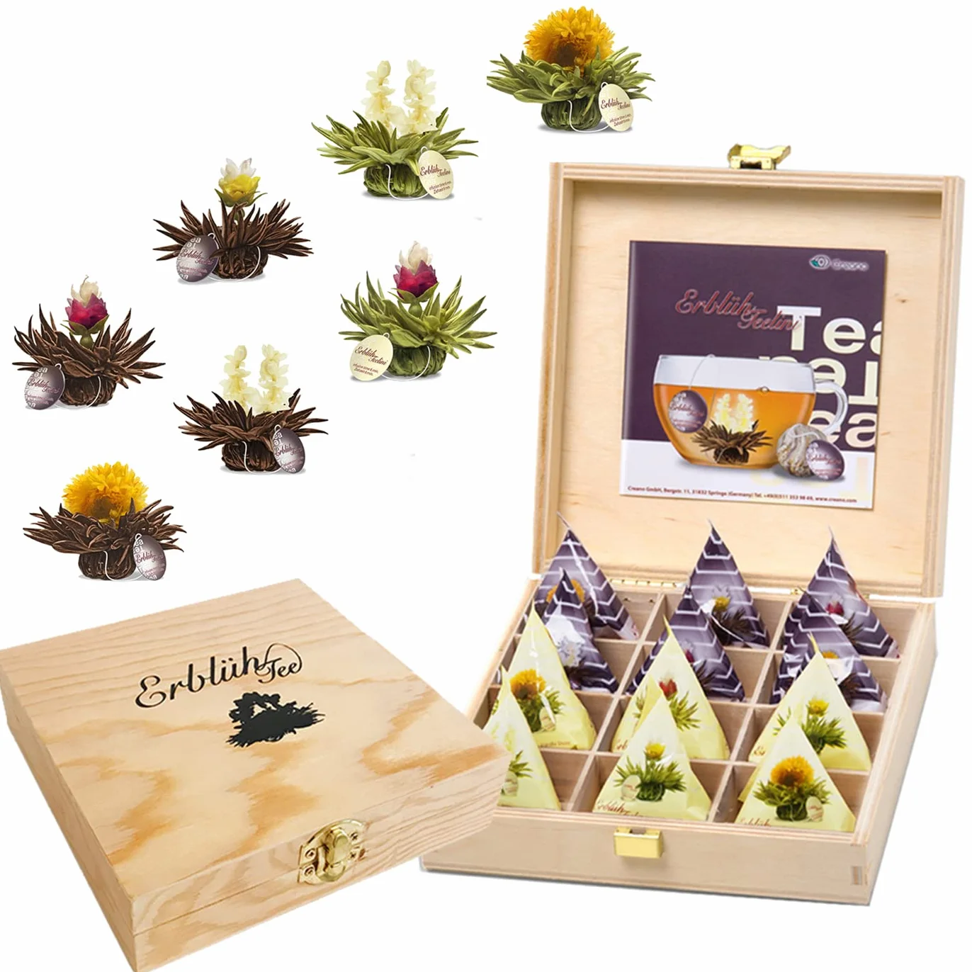 Creano Teelini Flores de Té Blanco y Negro 12 uds Cofre de Madera Sostenible 8 Variedades Regalo Premium Mujer