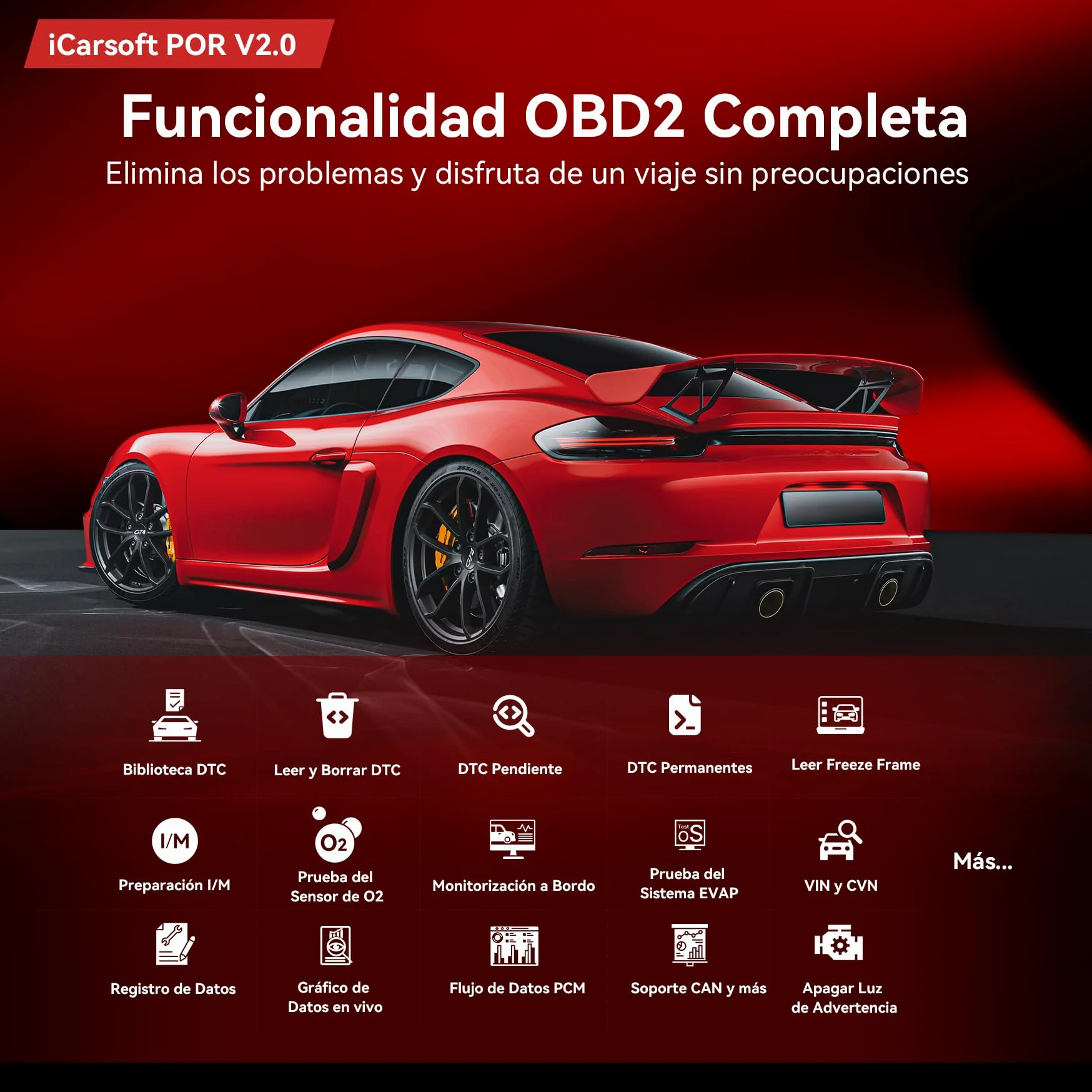 iCarsoft por V2.0 OBD2 Máquina Diagnosis Coche para Porsche/Cayenne/Macan, Escáner de Todo el Sistema, Detector Fallos Coche con 9 Funciones Reinicio, Prueba de Batería, Actualización de por Vida