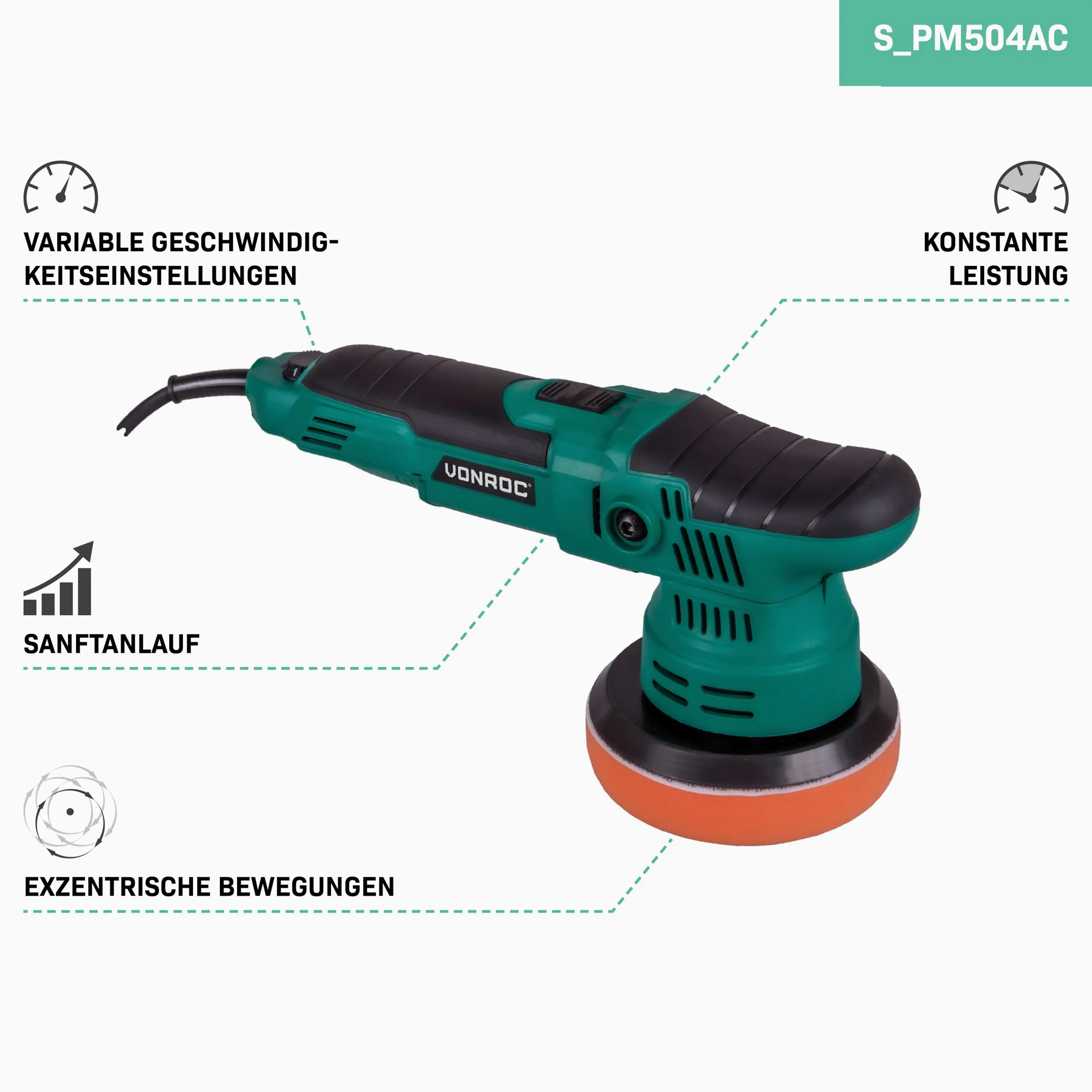 VONROC Pulidora de doble acción 650W - Ø125mm - Arranque suave - Velocidad constante - Incluye 4 almohadillas de pulido
