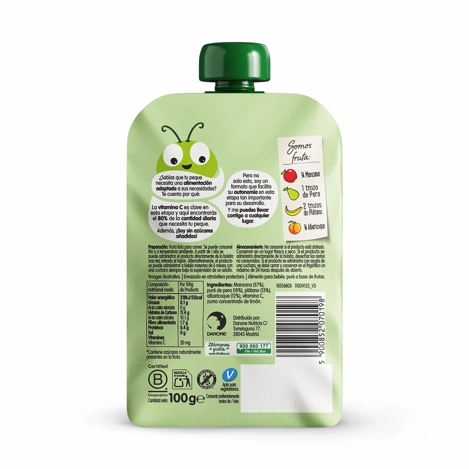Blédina Bolsita de Manzana, Pera, Platano y Albaricoque para Bebé, 100% Fruta, Sin Azúcares Añadidos, Vitamina C, Fibra, 6 Meses, 100g
