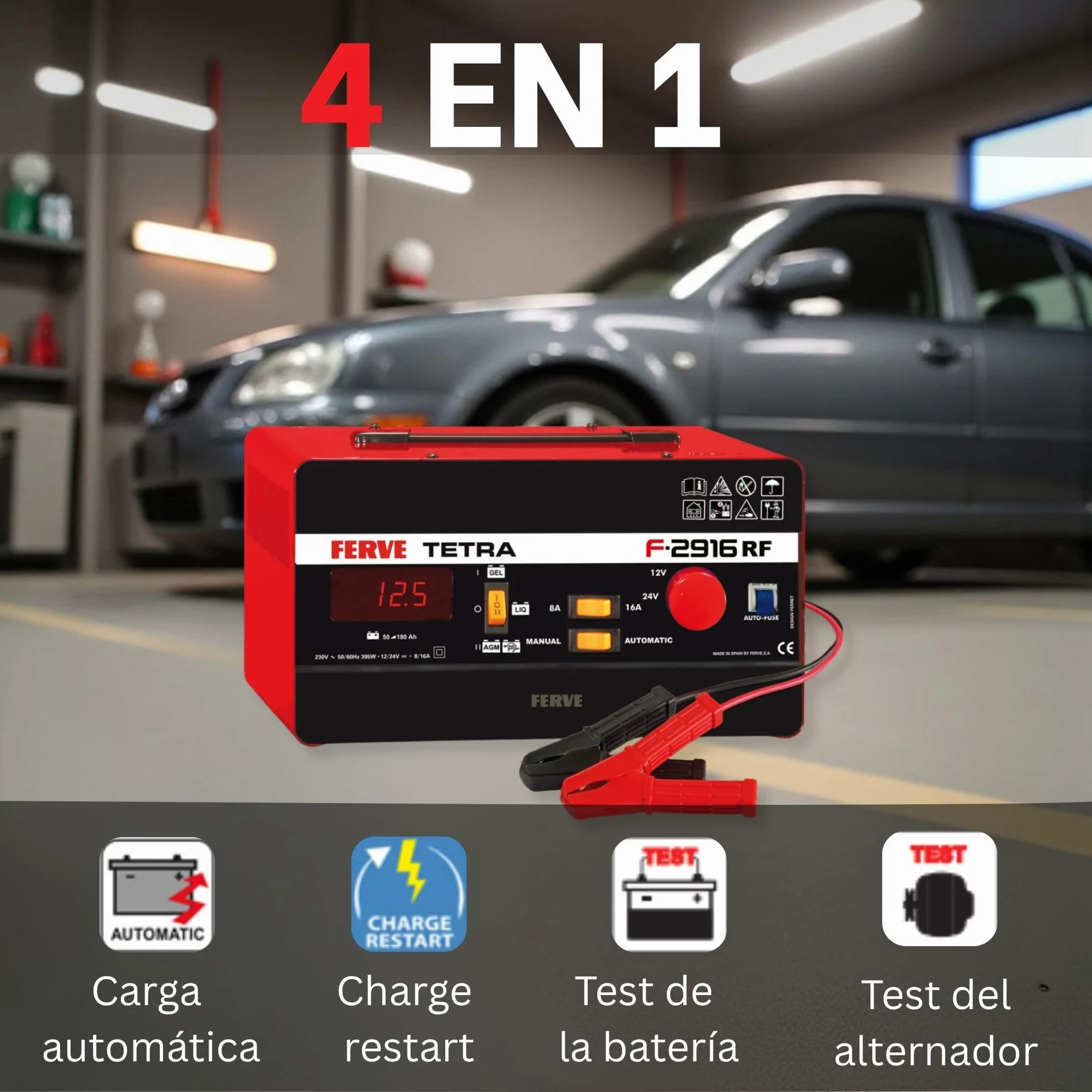 Ferve F-2916 Cargador de Bateria Manual y Automático - Mantenedor Inteligente 8-16A 12/24V - Ideal para Auto, Moto y Camión – Test de Batería y Alternador - Tecnología RF - Para Baterías Plomo-ácido