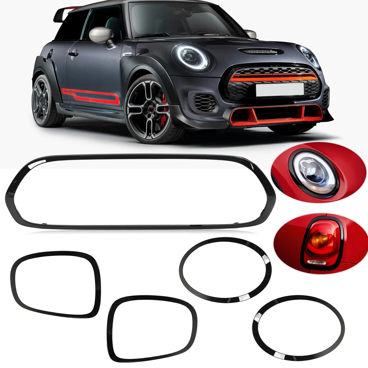 Embellecedores para Faros Delanteros de Coche, 5 Piezas, Color Negro Brillante, para Faros Traseros, Rejilla Envolvente, Marco de Repuesto para Mini F55 F56 F57 One S JCW 2014+