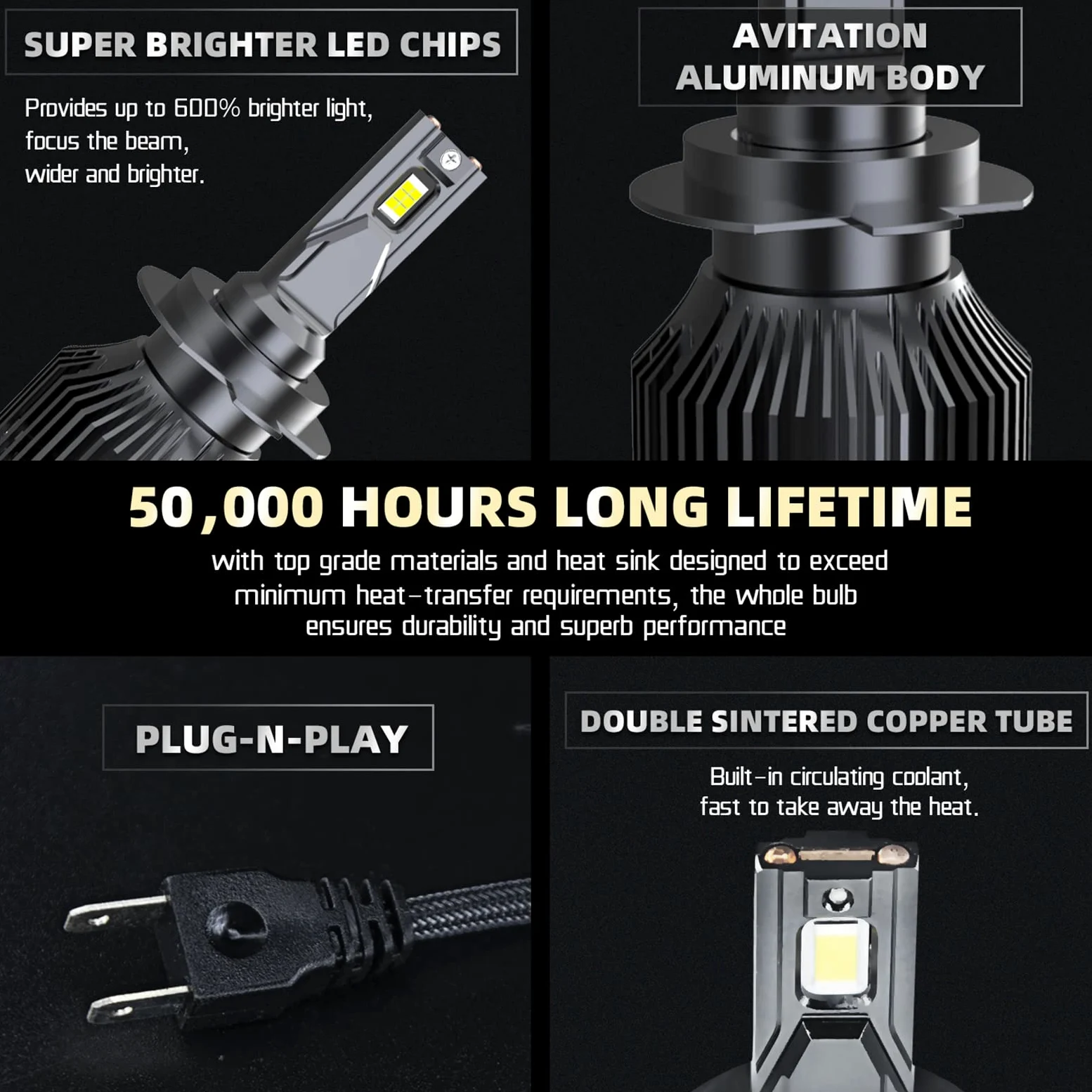 Bombillas LED Para Faros Delanteros, 200 W, 88000 Lúmenes, 6000 K, Blanco Frío, Kit De Conversión De Faros LED, Tubo De Cobre Doble, Haz Ajustable, Paquete De 2,H4