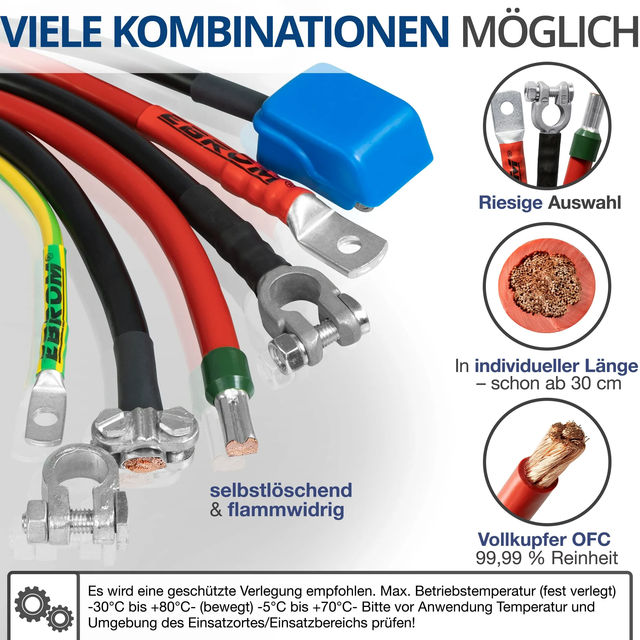 EBROM Cable de batería rojo y negro, 12 V, longitud deseada de 30 cm hasta 5 m, sección transversal: 16 mm² para corrientes de hasta 82 A, con 2 terminales de cable M8 para baterías de alimentación y