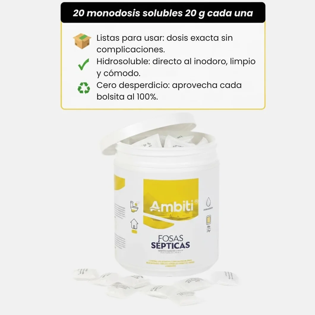 Ambiti Fosas Sépticas | Activador Enzimático Biológico en Monodosis | 20 Bolsitas Solubles de 20 g | Limpieza y Mantenimiento de Fosas y Desagües | Elimina Malos Olores y Evita Atascos