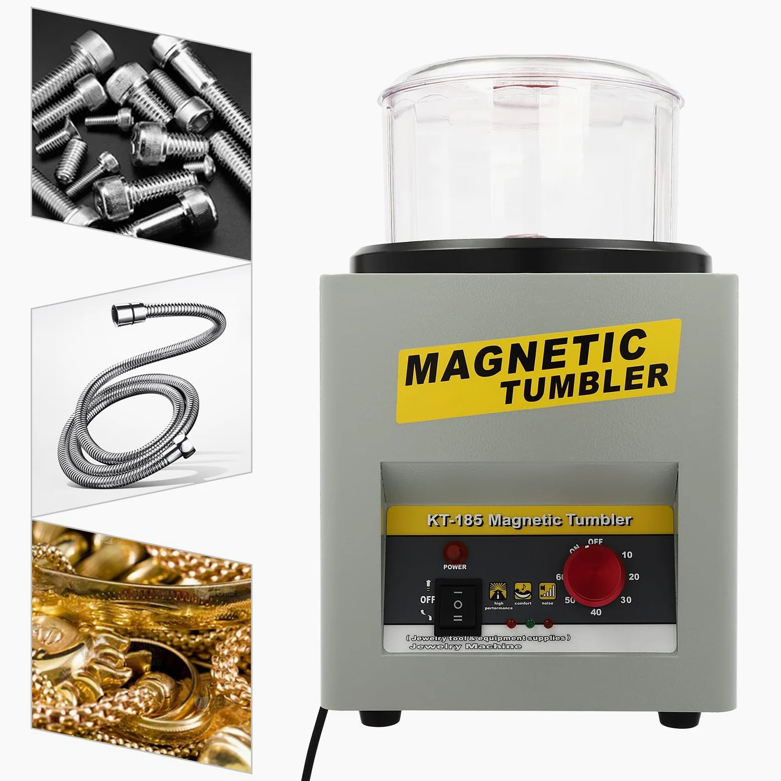 Pulidora magnética de rodillo, máquina de acabado magnético reversible, pulidora de joyas con control de tiempo, adecuada para talleres y pequeños proyectos de joyería