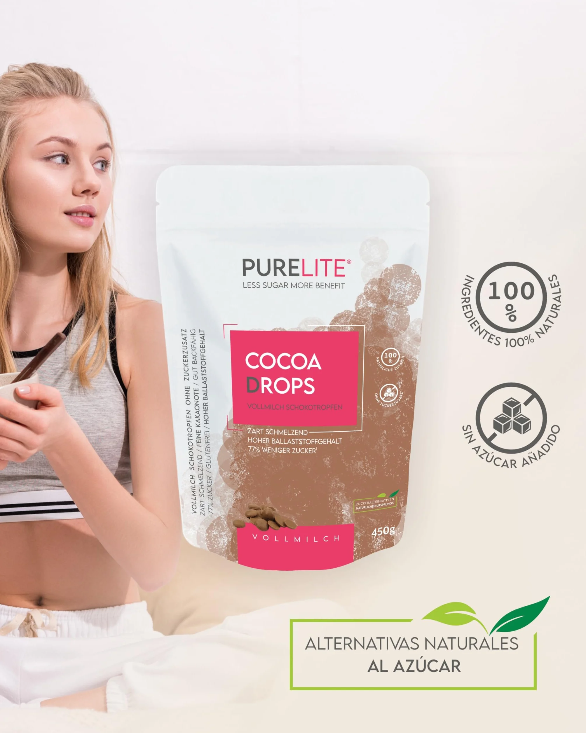 PURELITE Cocoa Drops chocolate con leche 450g sin azúcares añadidos eritritol stevia 77% menos azúcar
