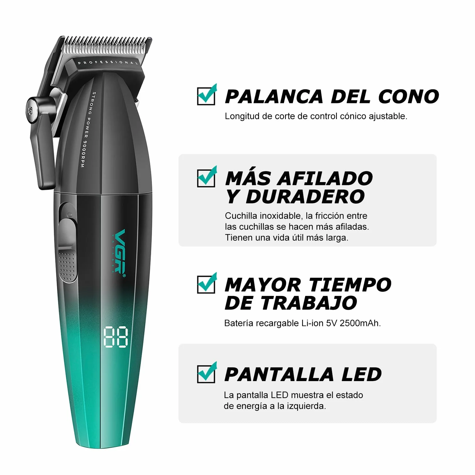 VGR 003 Cortapelos Profesional Inalámbrico, Máquina de Cortar Pelo Hombre, Cuerpo Metálico, Motor 9000 RPM, Cuchillas Cerámicas, LED, USB, Verde