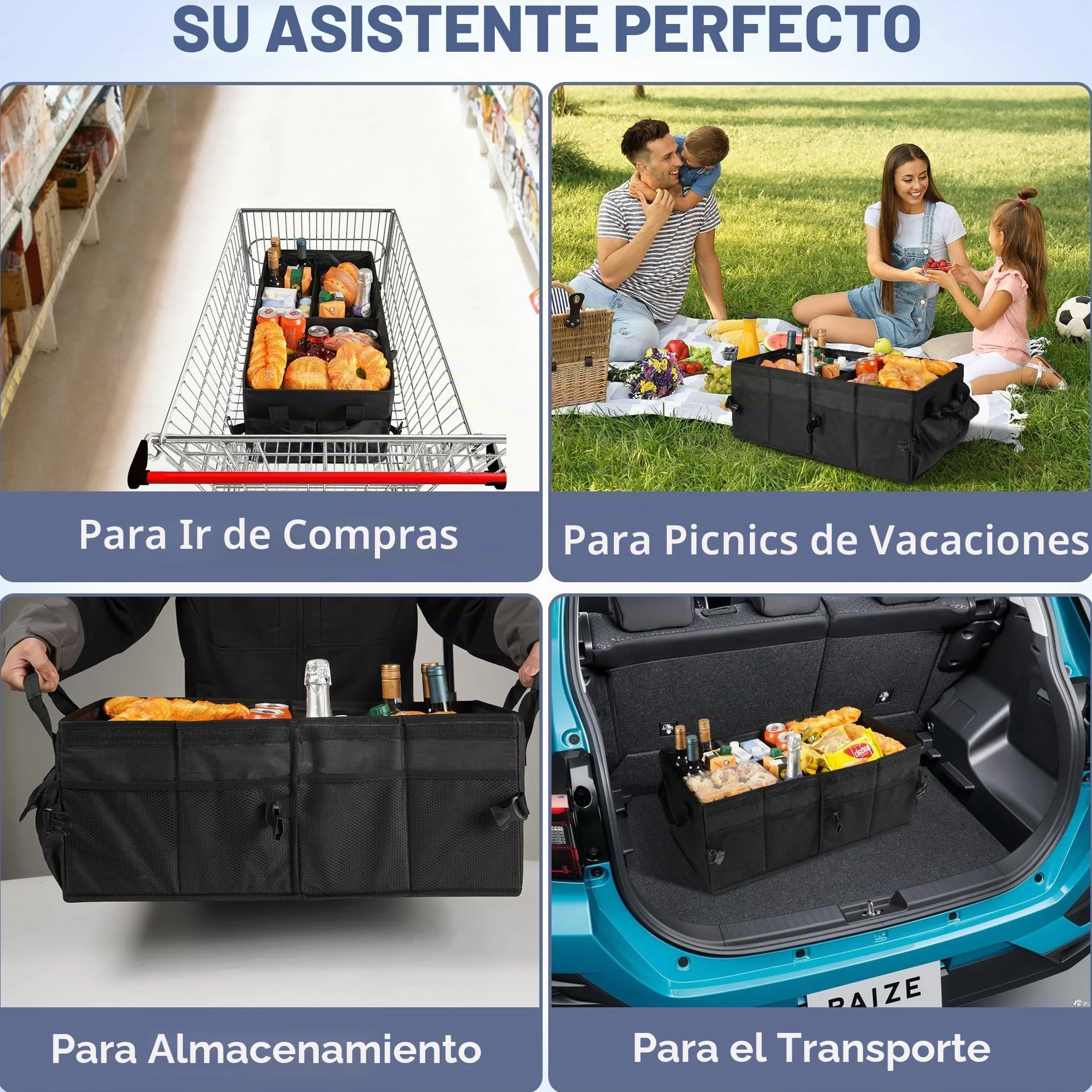 Organizador de maletero, bolsa plegable para maletero con tapa, organizador de maletero para automóvil con divisores extraíbles, equipado con base antideslizante y cierre de velcro, bolsillos
