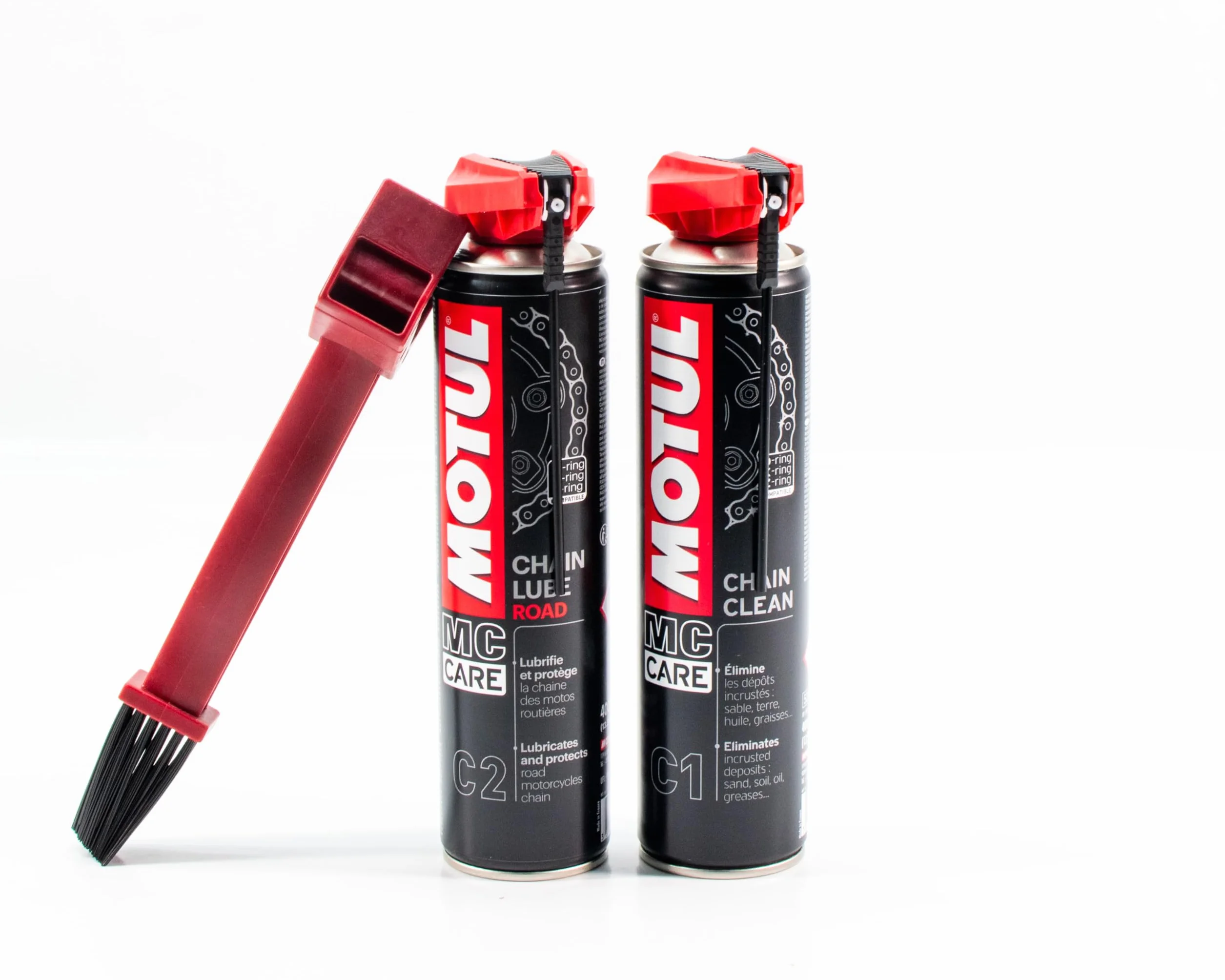 Gazoobike Pack de mantenimiento de cadena de moto MC Care, limpiador C1 400ml + lubricante C2 400ml con cepillo de limpieza, kit completo para cadena de moto