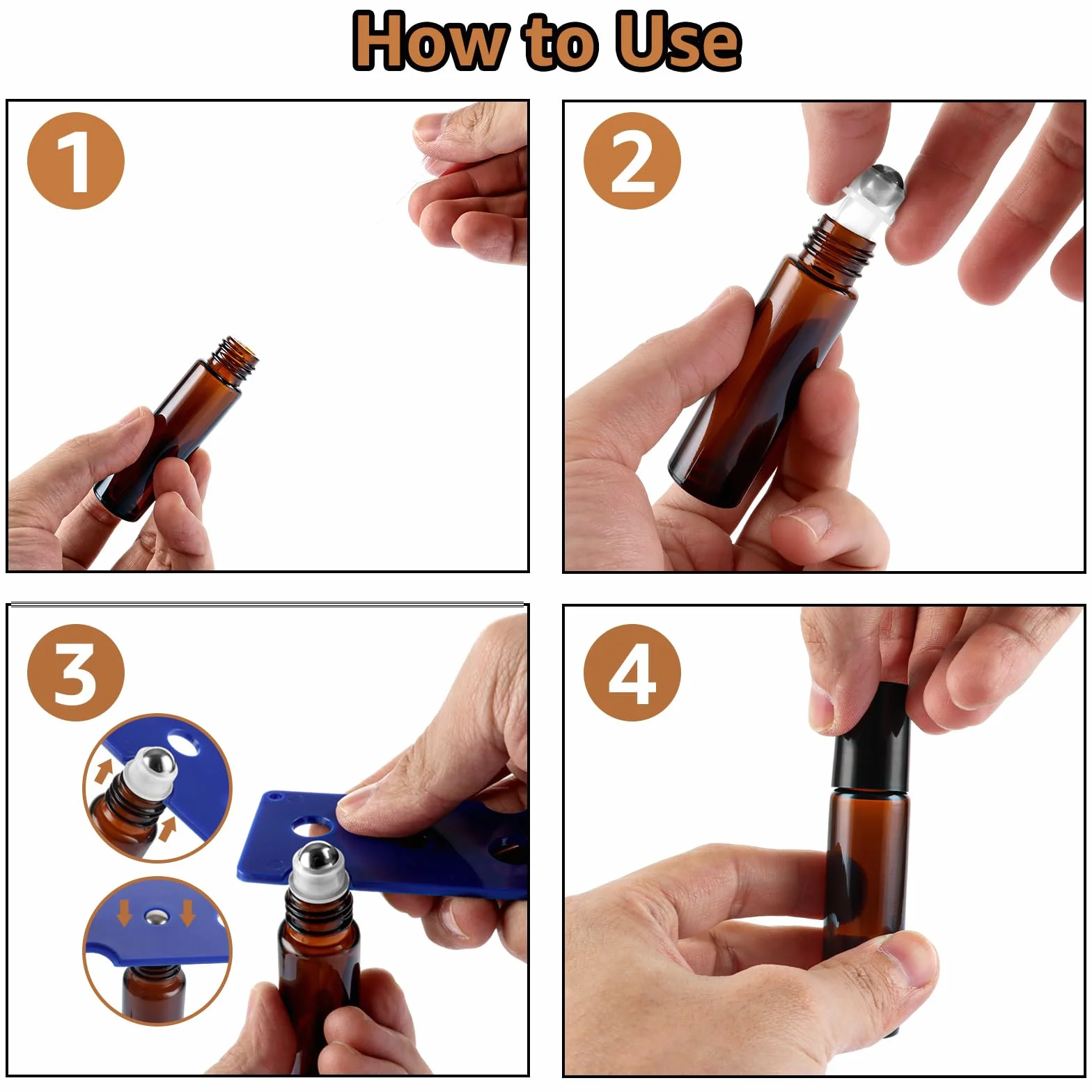 Frascos Vidrio Ámbar 10ml Roll on para Aceites Esenciales, 24 Botellas Antiluz con Tapón, Sin BPA