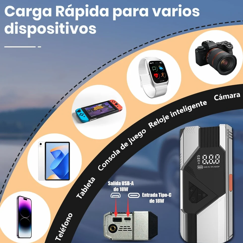 Junsun 10000mAh Compresor de Aire 150 PSI con Arrancador de Batería 12V y Power Bank 18W, Inflador Portátil para Coche Gasolina y Diésel, Arranque de Emergencia, Pantalla LCD, Carga Rápida y Luz LED