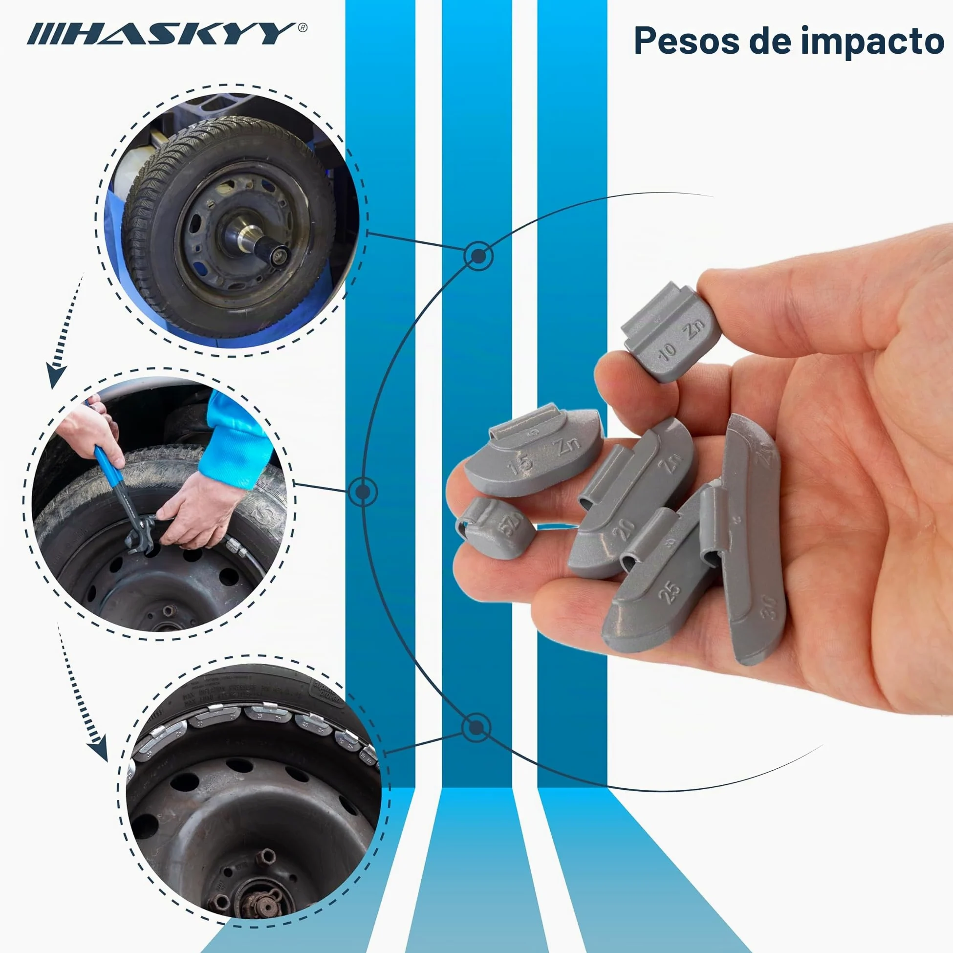 HASKYY 225 Pesos de percusión para Llantas de Acero // 50 de 5 g, 10 g, 15 g // 25 de 20 g, 25 g y 30 g Cada una