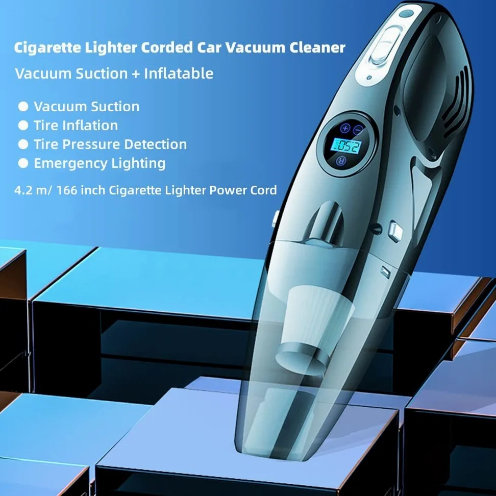 Aspirador de coche con cable con bomba de aire, aspiradoras de mano de alta succión 12000pa, inflador neumáticos de coche digital con manómetro, apagado automático y luz LED, aspiradora de mano 12 V