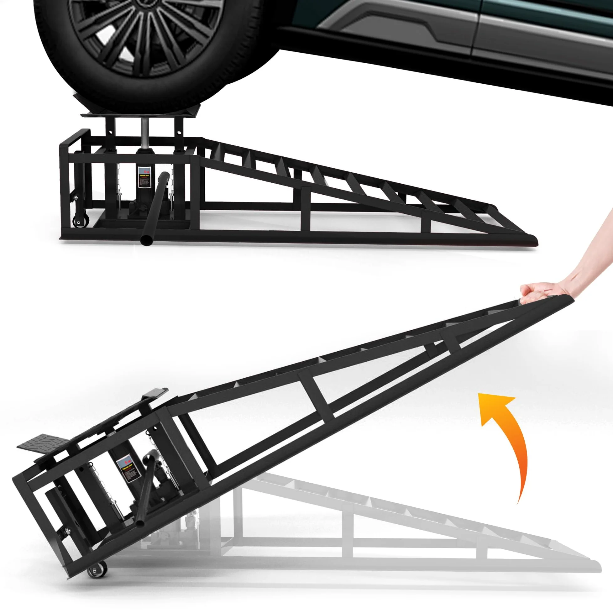 Juego de 2 rampas para coche con gato hidráulico y ruedas, capacidad de carga 5T (5000 kg), altura regulable 23 – 36 cm, plataforma elevadora para cambio de aceite y garaje, rampas de gato portátil