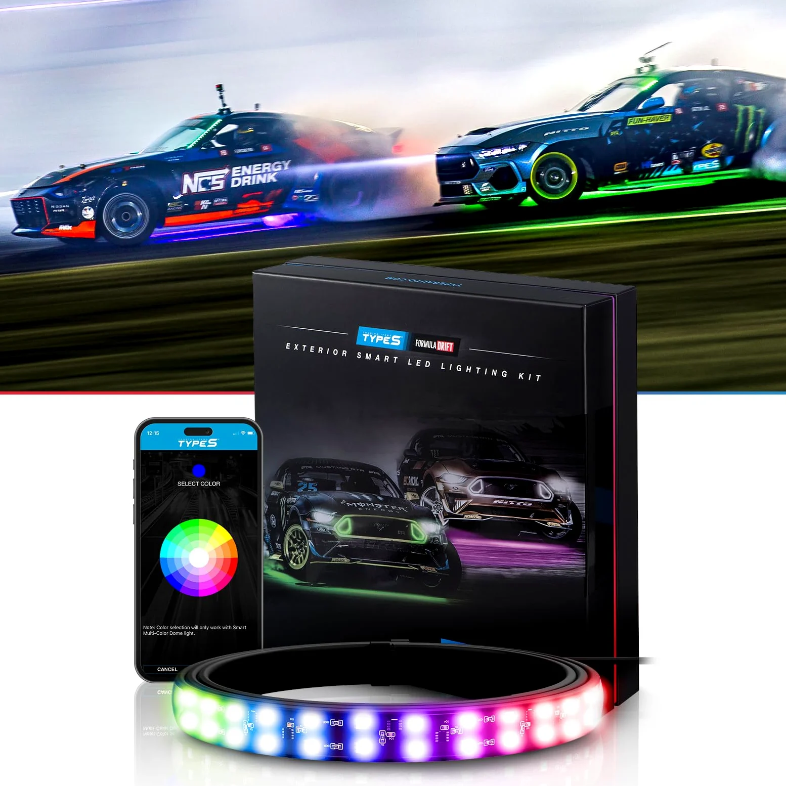 TYPE S TOURING ITEMS - Kit de luz de neón para automóvil, Kit de luz Exterior Inteligente con Control de aplicación, Kit de Luces de Grado Profesional para automóvil, 4 Tiras RGB Multicolores