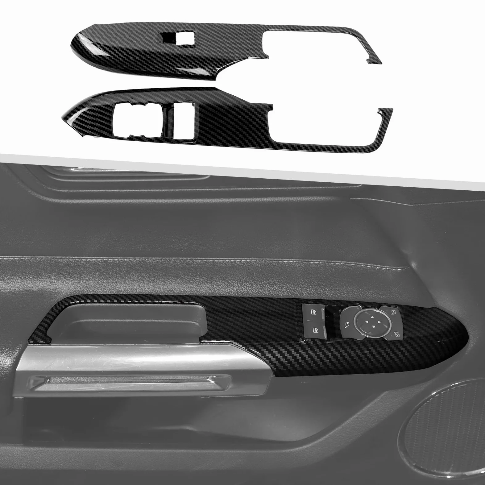 Jimen Ajuste para Ford Mustang 2015-2024, 2 piezas de cubierta de panel de interruptor de elevación de ventana de coche (fibra de carbono)