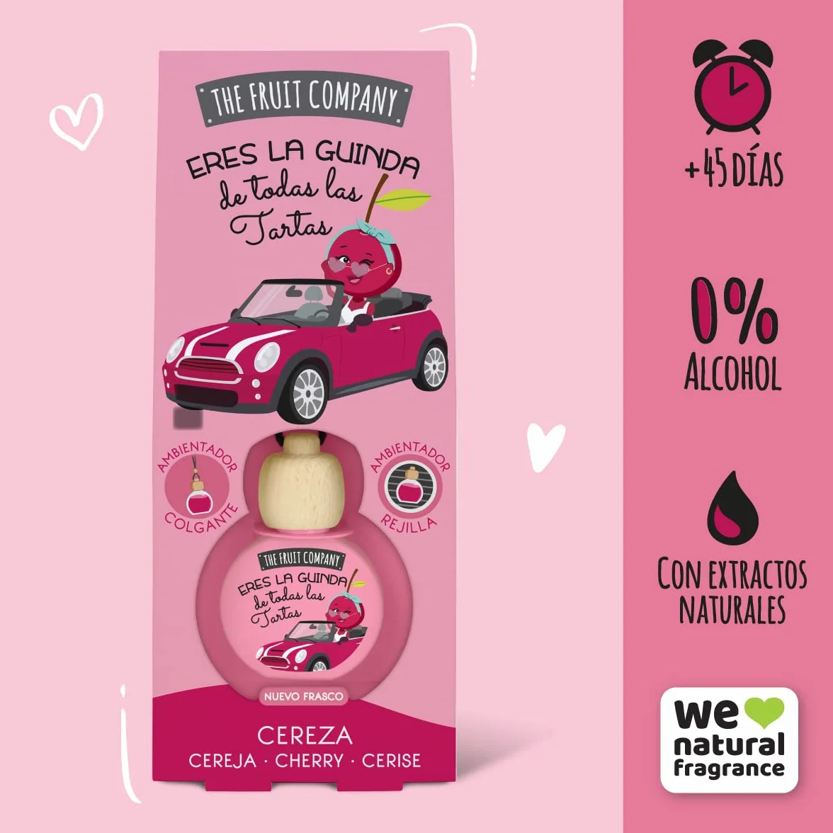 Pack de 3 Ambientadores Coche 2en1 The Fruit Company | Aroma Frutal, Absorbe Olores, Sin Alcohol, Extractos Naturales | Rejilla o Colgante | Larga Duración +45 Días (CEREZA)
