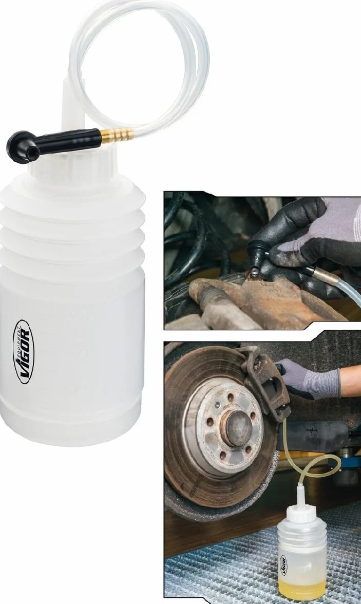 VIGOR V4668 depósito de líquido de frenos, para todas las válvulas de purga estándar, incl manguera de silicona longitud: 550 mm, depósito para purgar los sistemas de frenos y embrague