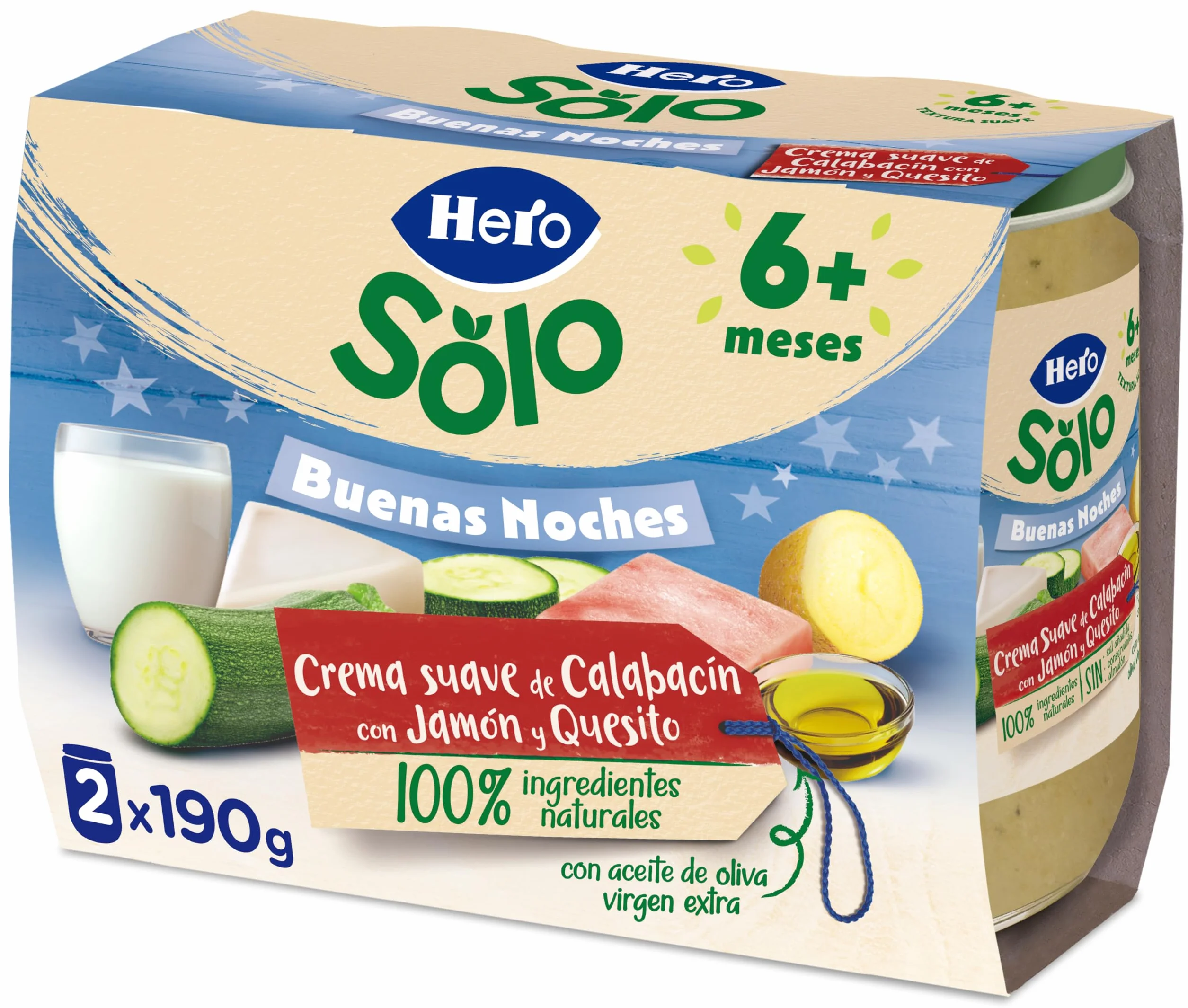 Hero Baby Buenas Noches Tarritos de Crema de Calabacín, Jamón y Quesito, 2 x 190g