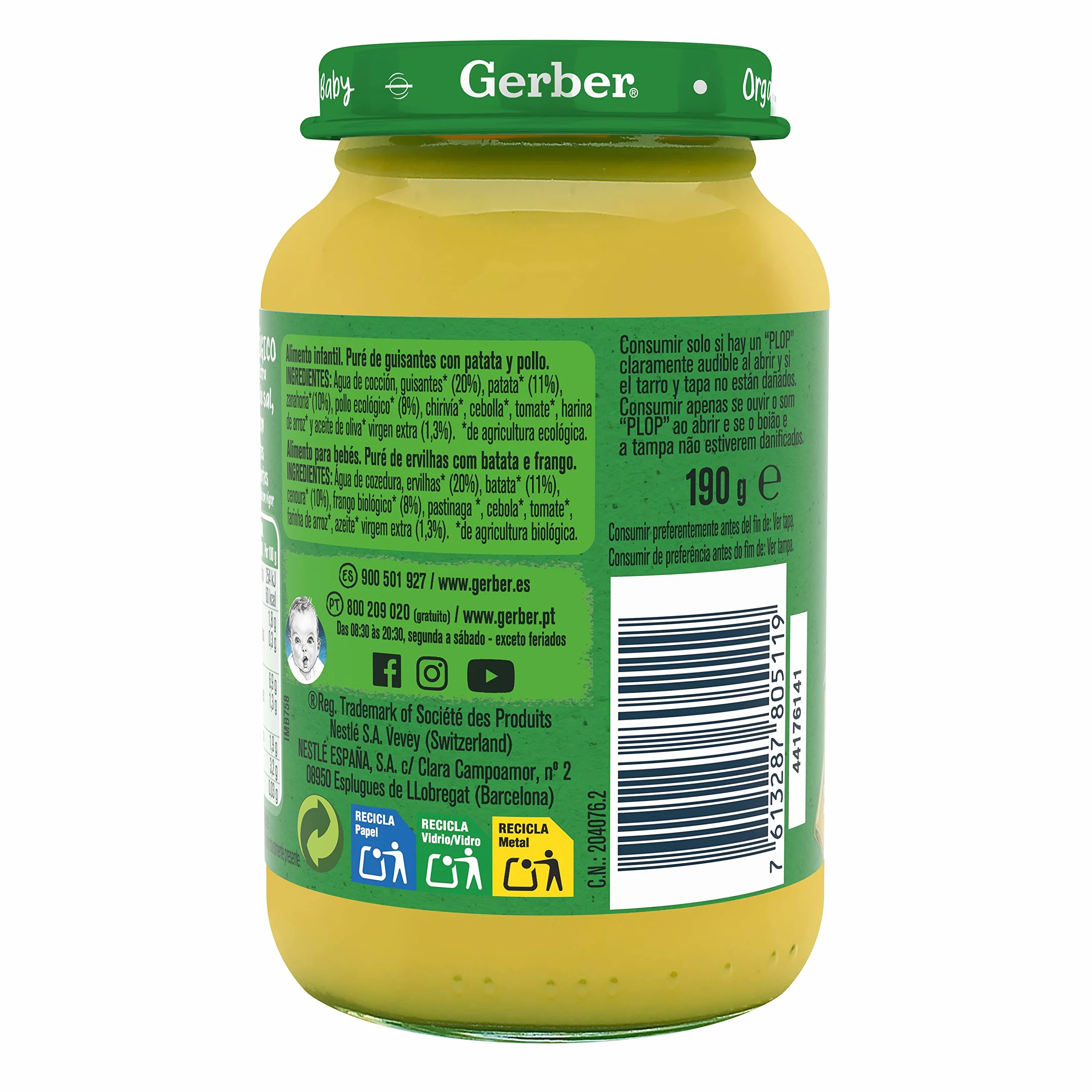 GERBER Organic Guisantes Patata Pollo 6x190g a partir de 6 meses