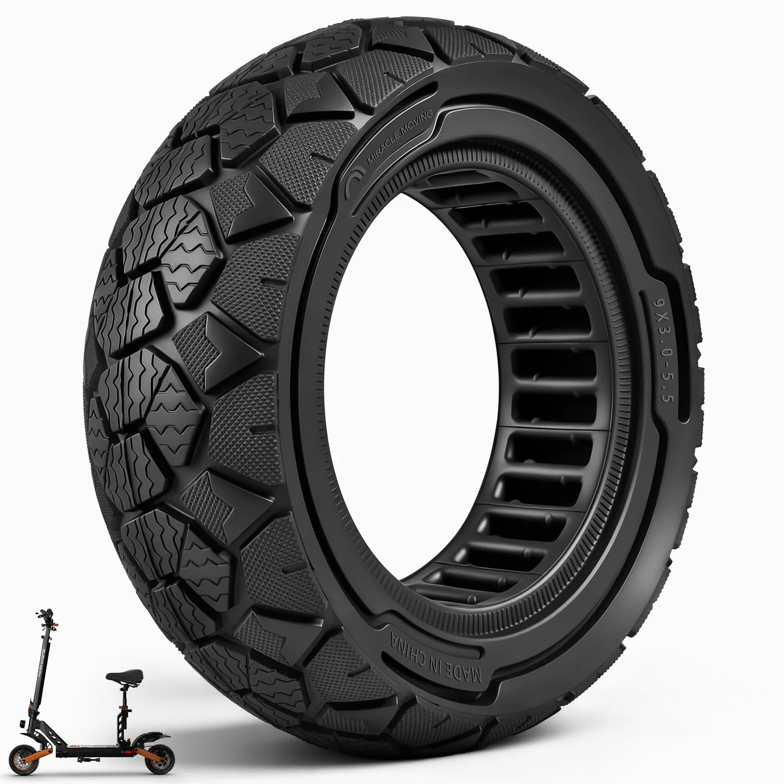 9x3.0-5.5 Neumático Macizo para Kukirin G2 Pro, Zero 10X y Dualtron Eagle Pro Patinetes Eléctricos - Neumático de Repuesto Antideslizante para Nieve Todoterreno, Apto para Nieve (1 Unidad)