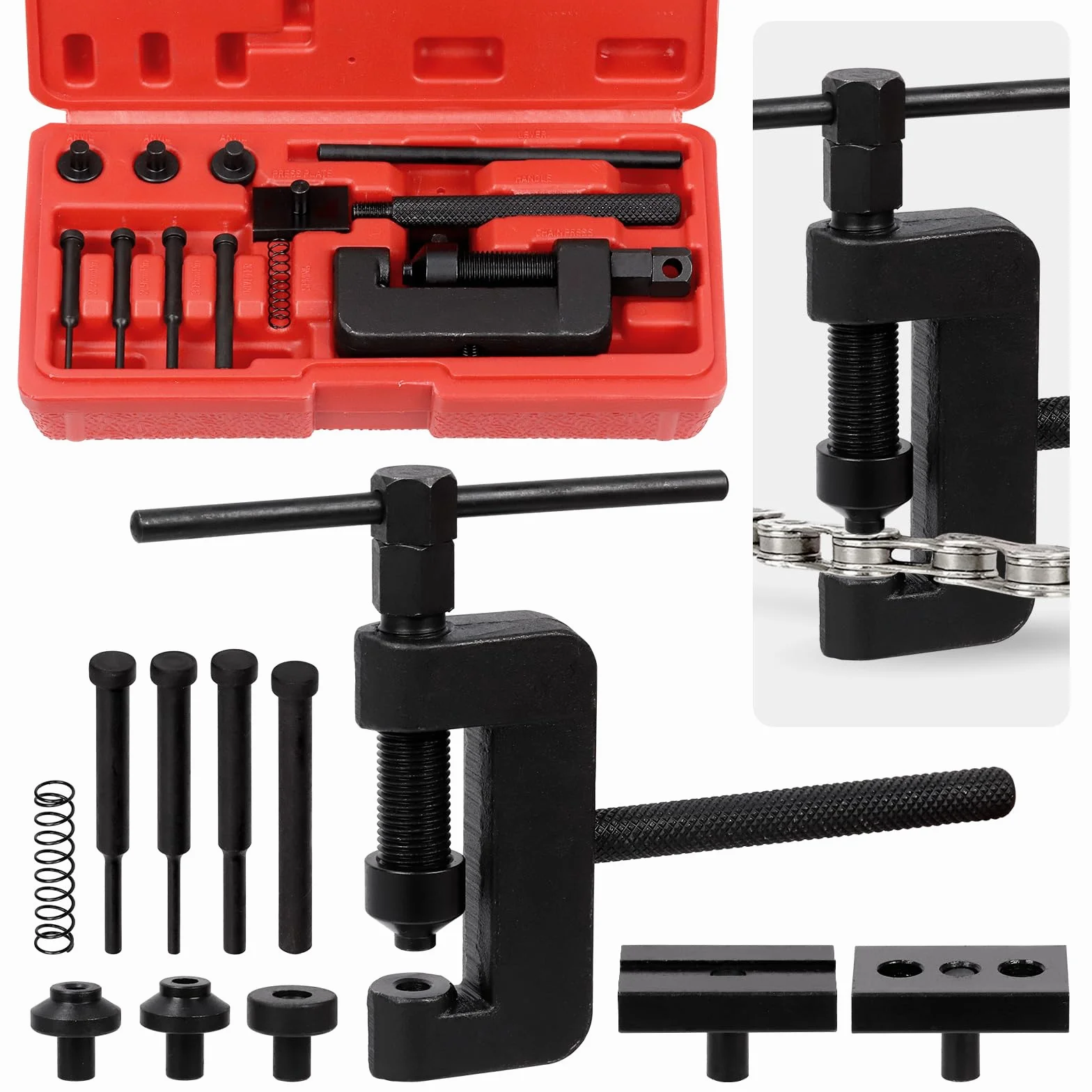 Swpeet Kit Surtido de 13 Piezas Cortacadenas para Motocicleta con Estuche de Transporte, Cortador de Cadena y Remachadora Herramienta de Extracción de Cadena para Motocicleta, Bicicleta, ATV