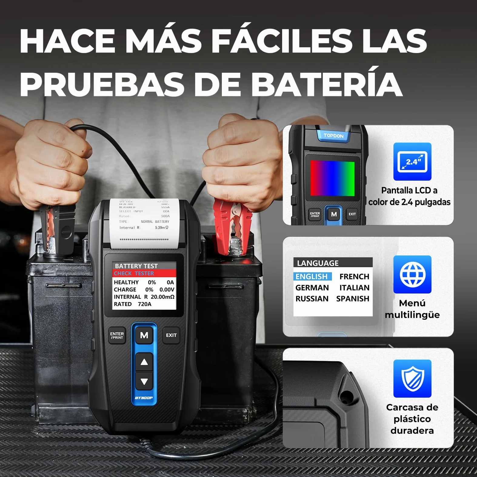 Probador de batería de 12 V/24 V con impresora incorporada Topdon BT300P, 100-2000 CCA - Probador de carga automático para prueba de batería/arranque/carga