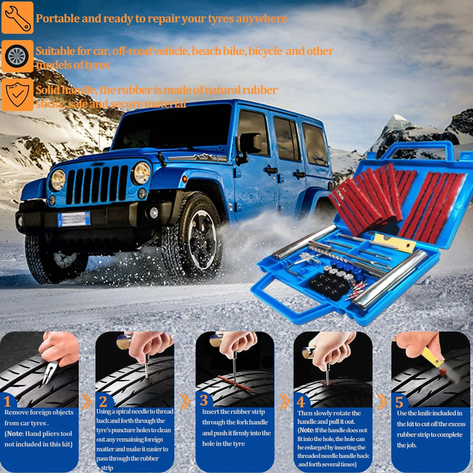 53PCS Kit Repara Pinchazos Herramienta, kit de Reparación para Neumáticos Pesados, kit de emergencia portátil de reparación rápida de neumáticos para coches, todoterrenos, moto y más