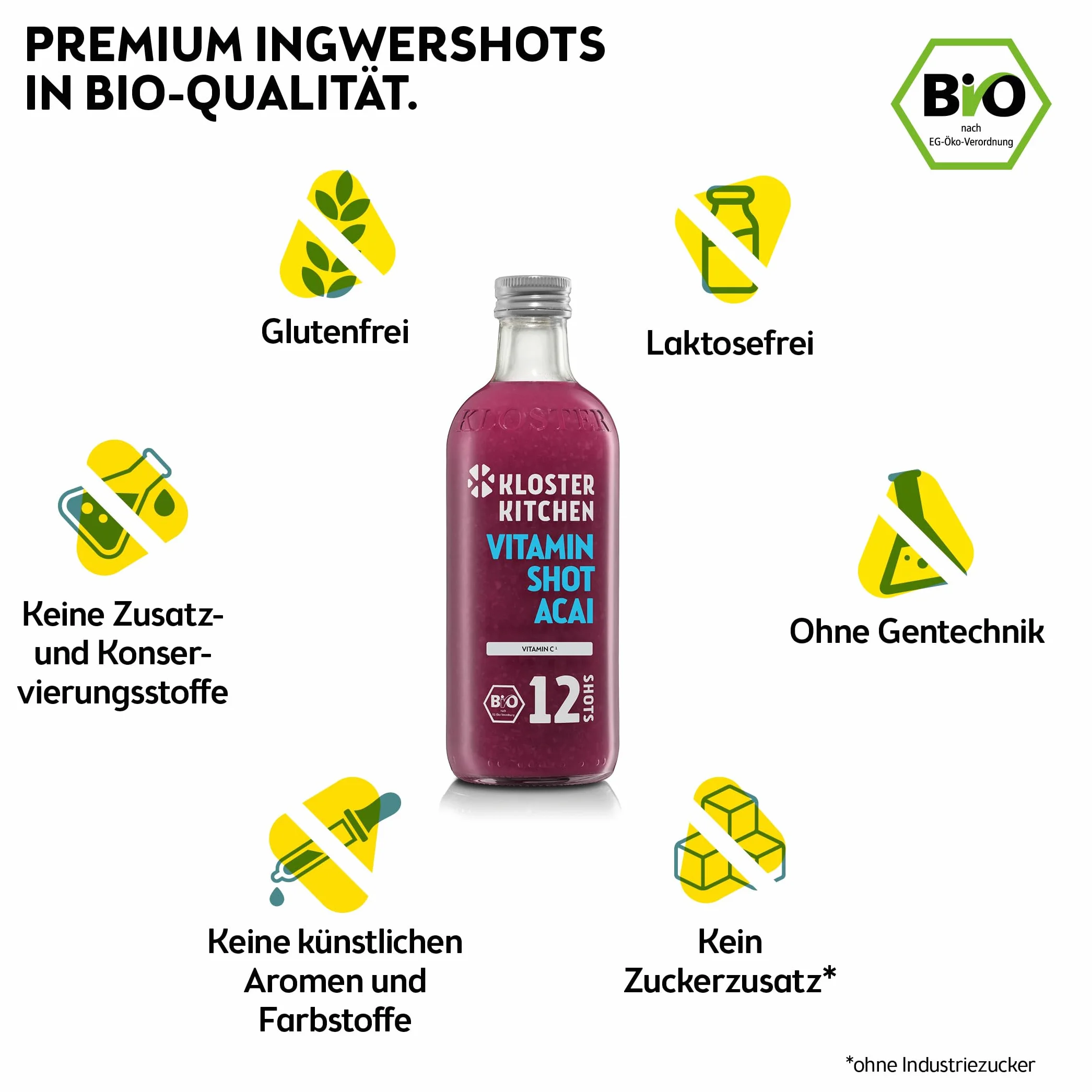 Kloster Kitchen Organic Vitamin Shot Acai Ginger 6x 360 ml botella de cristal vegana sin aditivos