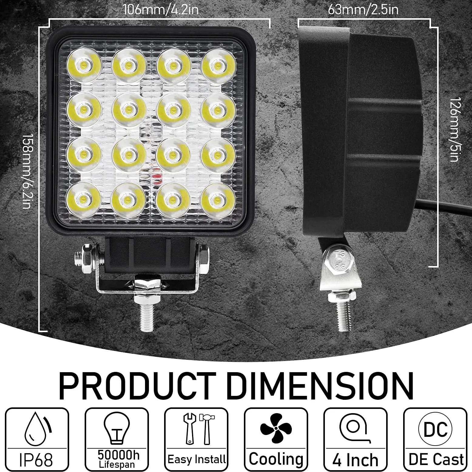 Dinfu 48W Faro Trabajo LED, 2PCS Focos Tractor 12V-50V 4800LM Faros Adicionales Offroad Para Coche, Moto, 4x4, ATV, SUV, Tractor, Barco, UTV