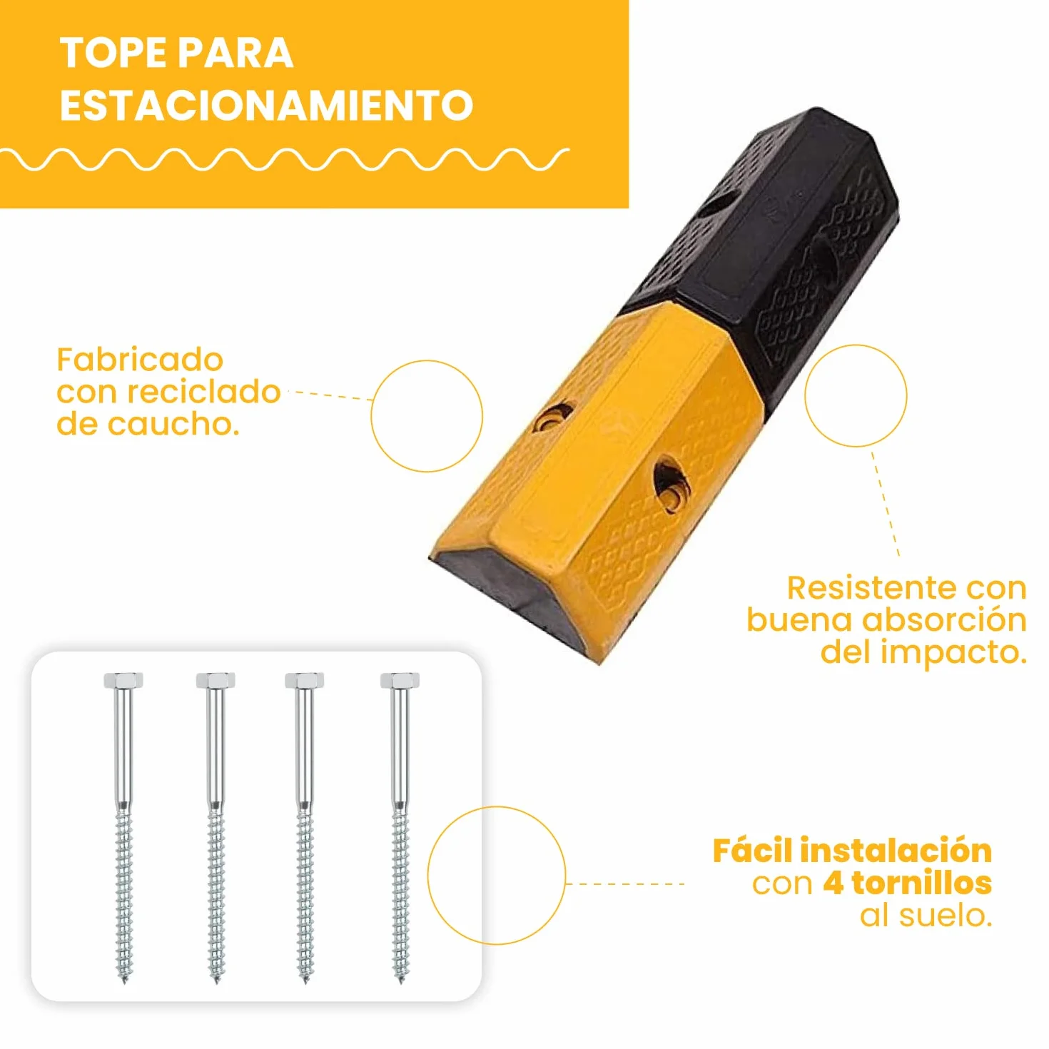 PARKING FACIL | Tope para Estacionamiento | Tope de Rueda para Parking, Estacionamiento, Zona Residencial. | Tamaño: 50 x 16 x 9.5 cm | Incluye tornillería | 2 Unidades