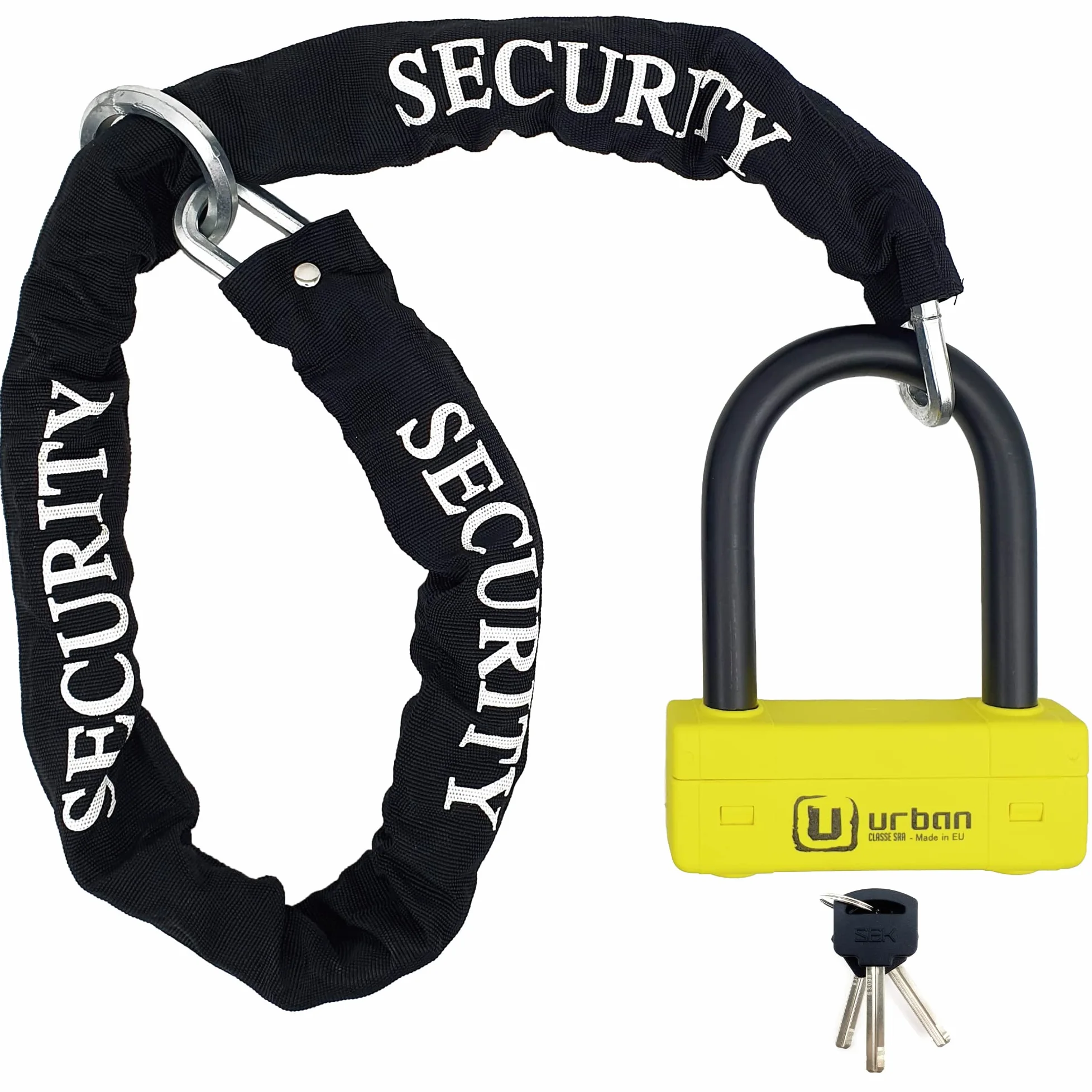URBAN UR85120Y+10.120L Candado Moto U Homologado SRA + Cadena Acero Endurecido 120cm Más Largo con Sistema Lazo, Horquilla Acero Endurecido ø18mm, Máxima Seguridad Antirrobo Universal para Motocicleta