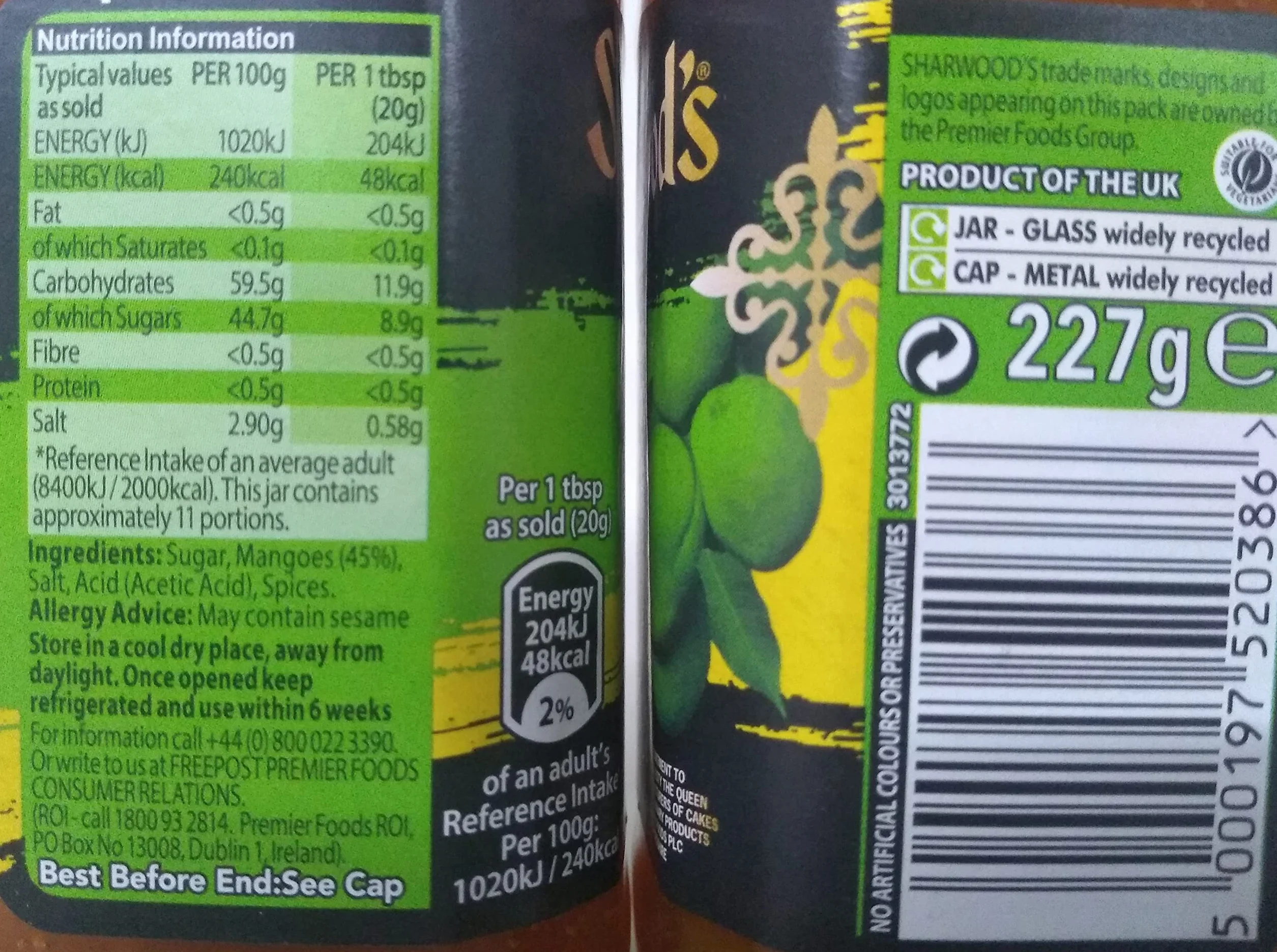 Sharwood Green Label Mango Chutney 6 x 227g