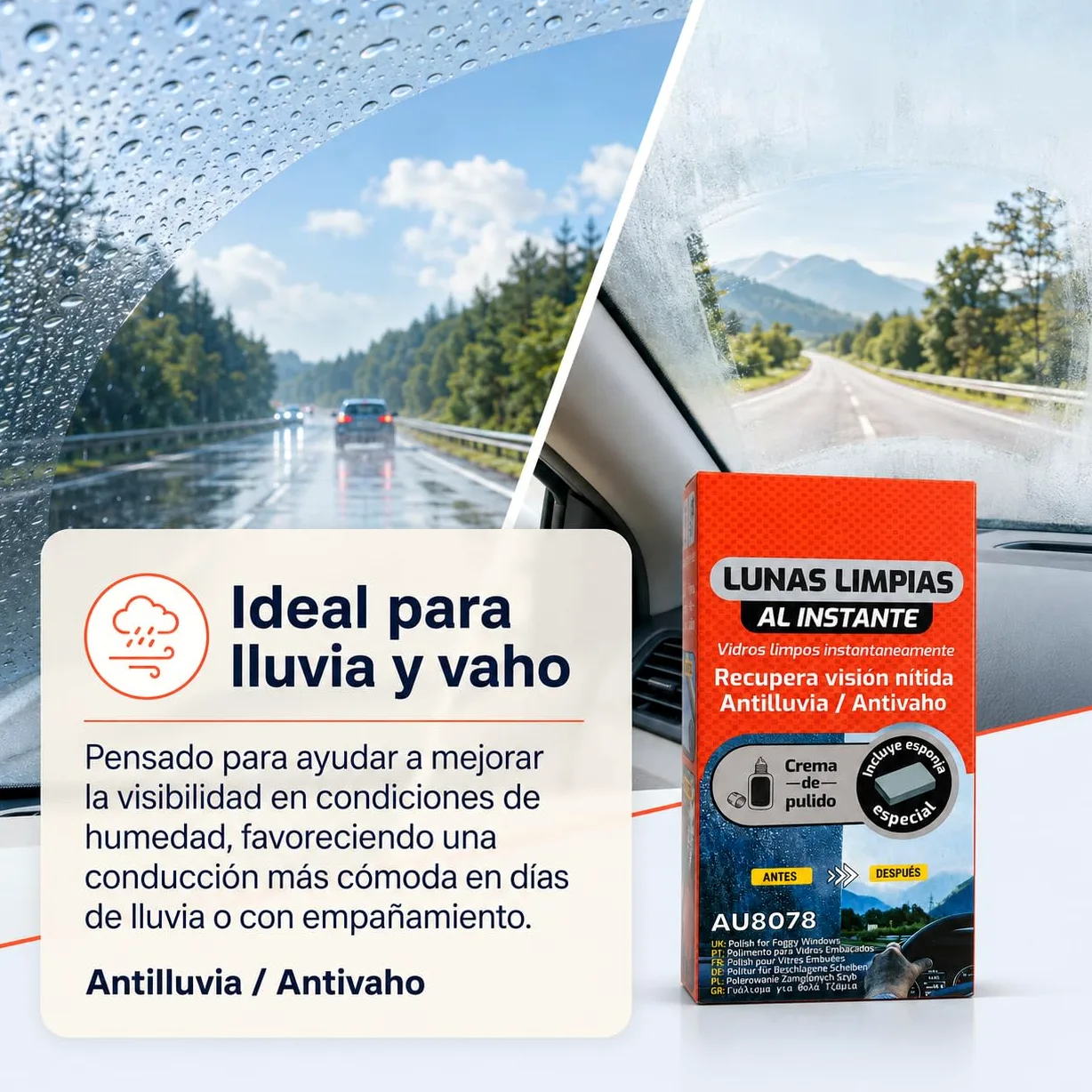 Pulimento Cristales Coche, Antilluvia y Antivaho, con Esponja, Pack de 12