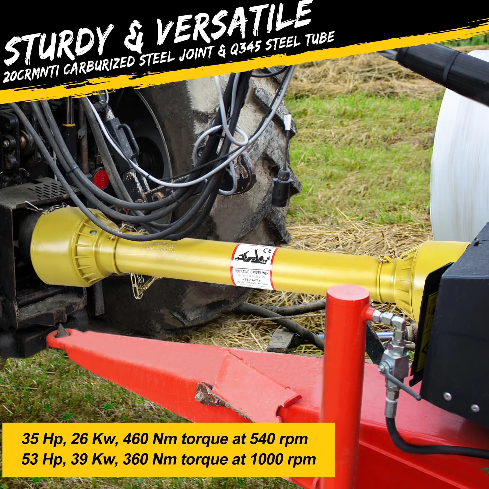 Garvee Eje de Transmisión Cardán Agrícola Serie 4 Toma de Fuerza con Tubo Telescópico Acero 1000-1400 mm Junta Universal Extremo de 6 Estrías y Redondo de 35 mm para Desbrozadora Tractor amarillo