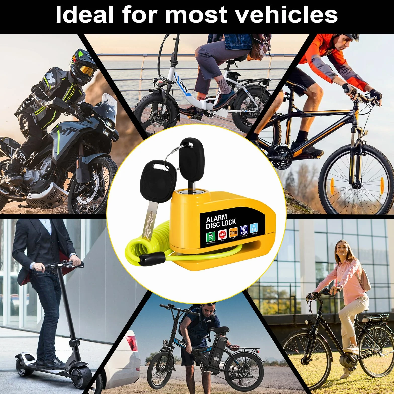 Vemfay Candado Moto Disco con Alarma 110 DB, Candado de Freno de Disco con Cable de Recuperación de 1,2 m, Candado de Alta Seguridad para Moto, Ciclomotor, Bicicleta, Scooter