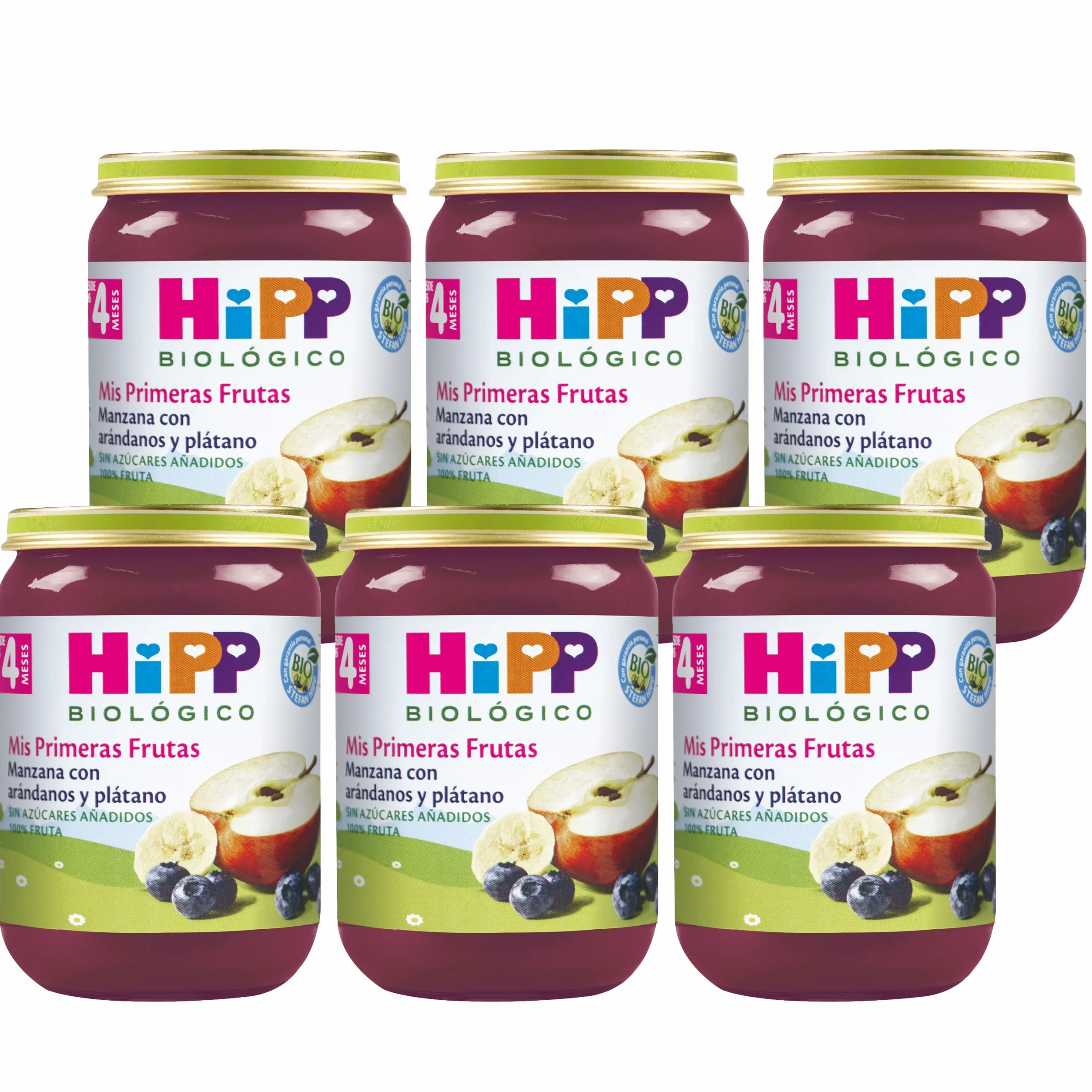 HiPP Biológico Papilla Mis Primeras Frutas Manzana con Arándano y Plátano BIO Pack 6x190g Sin Gluten Lactosa Azúcares Añadidos Apto 4 Meses