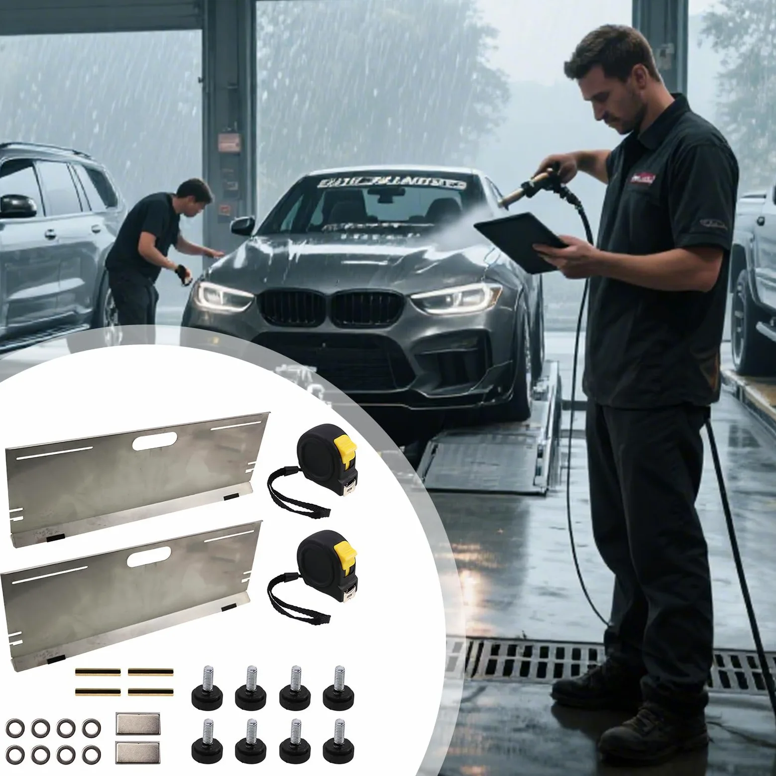 Herramientas Alineación Automotriz 2 métricas antideslizantes y placa | Kit magnético alineador de ruedas Herramienta equilibrado pesado para motos, camiones, neumáticos y reparaci